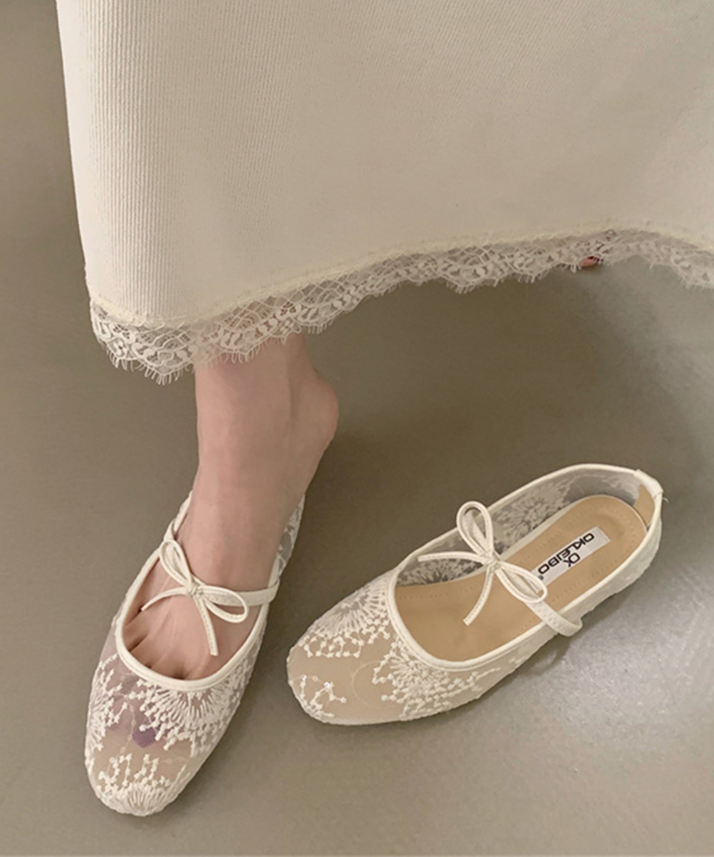 シアー 刺繍 リボンストラップ フラット バレエシューズ サンダル