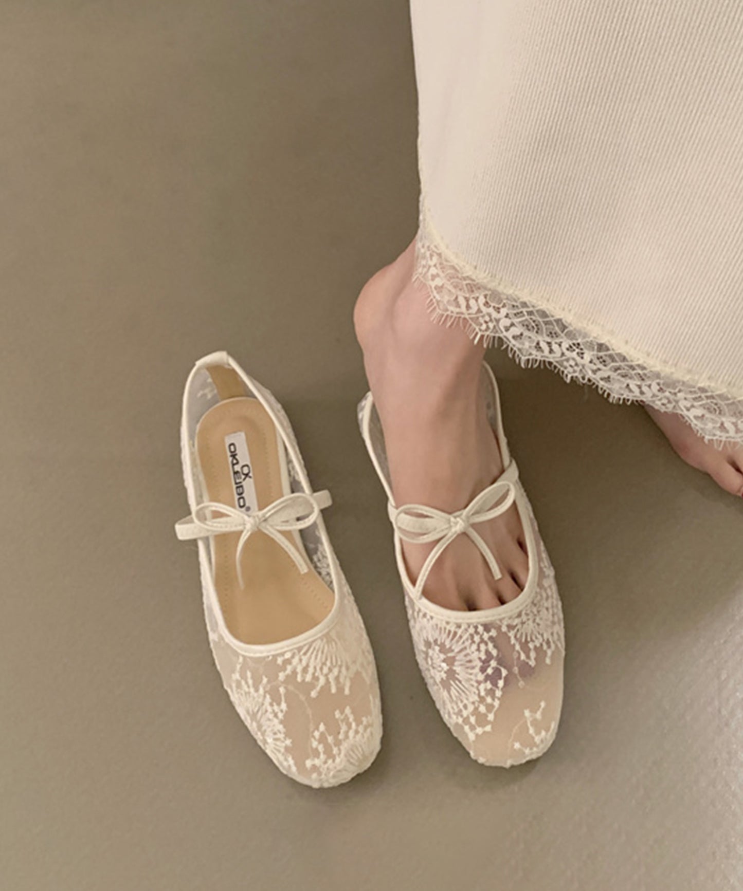 シアー 刺繍 リボンストラップ フラット バレエシューズ サンダル