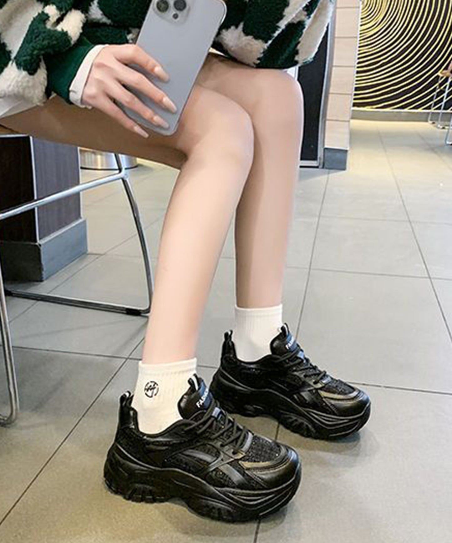 ミックス ツイード レースアップ 厚底 シューズ