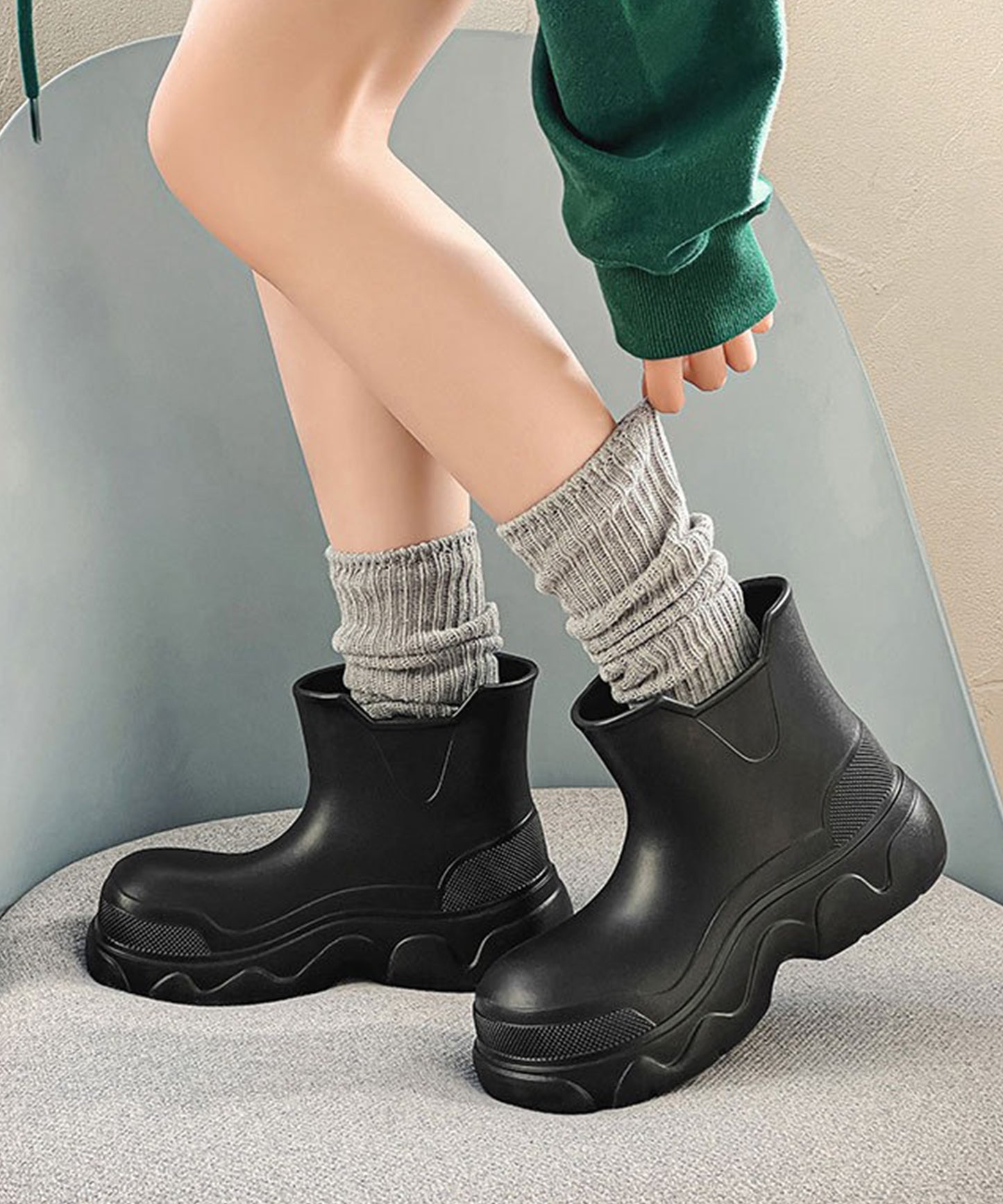 厚底 ハイトップ ショート レイン ブーツ