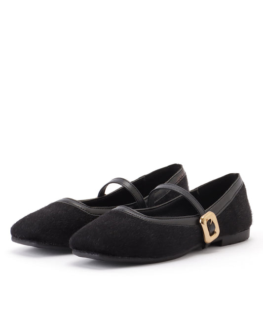 ハラコ風 スクエアトゥ フラット ストラップシューズ