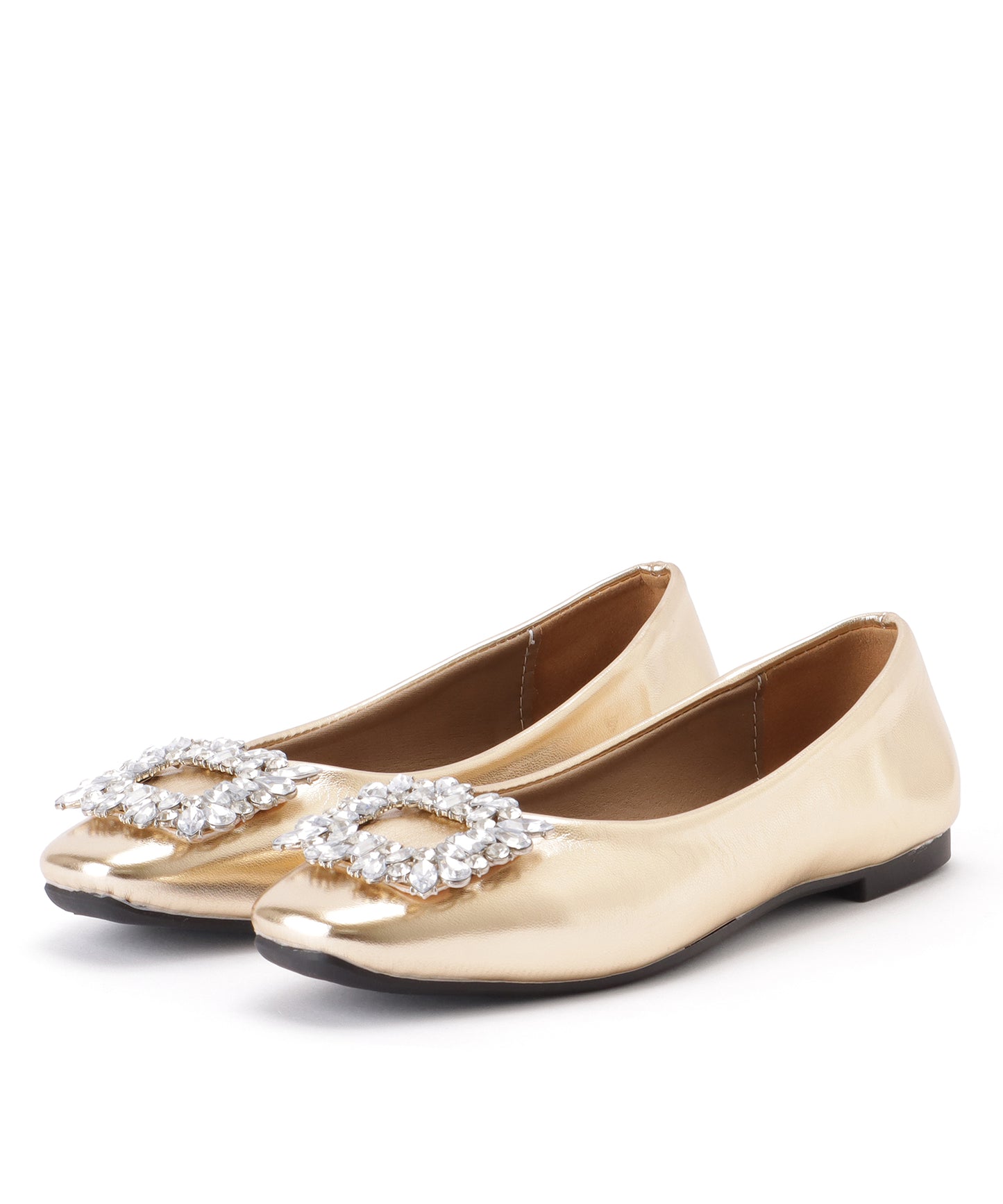 ビジュー バックル付き メタリック フラット パンプス