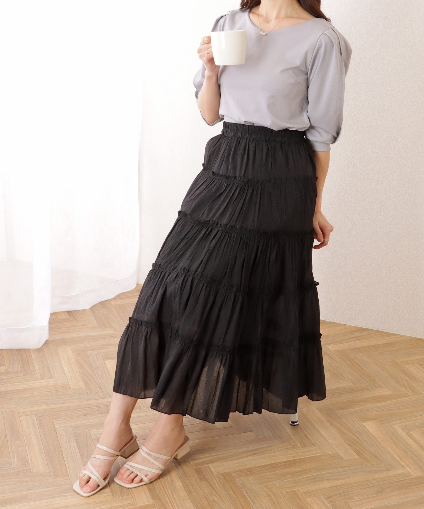 ティアード ギャザー ロング シアー スカート