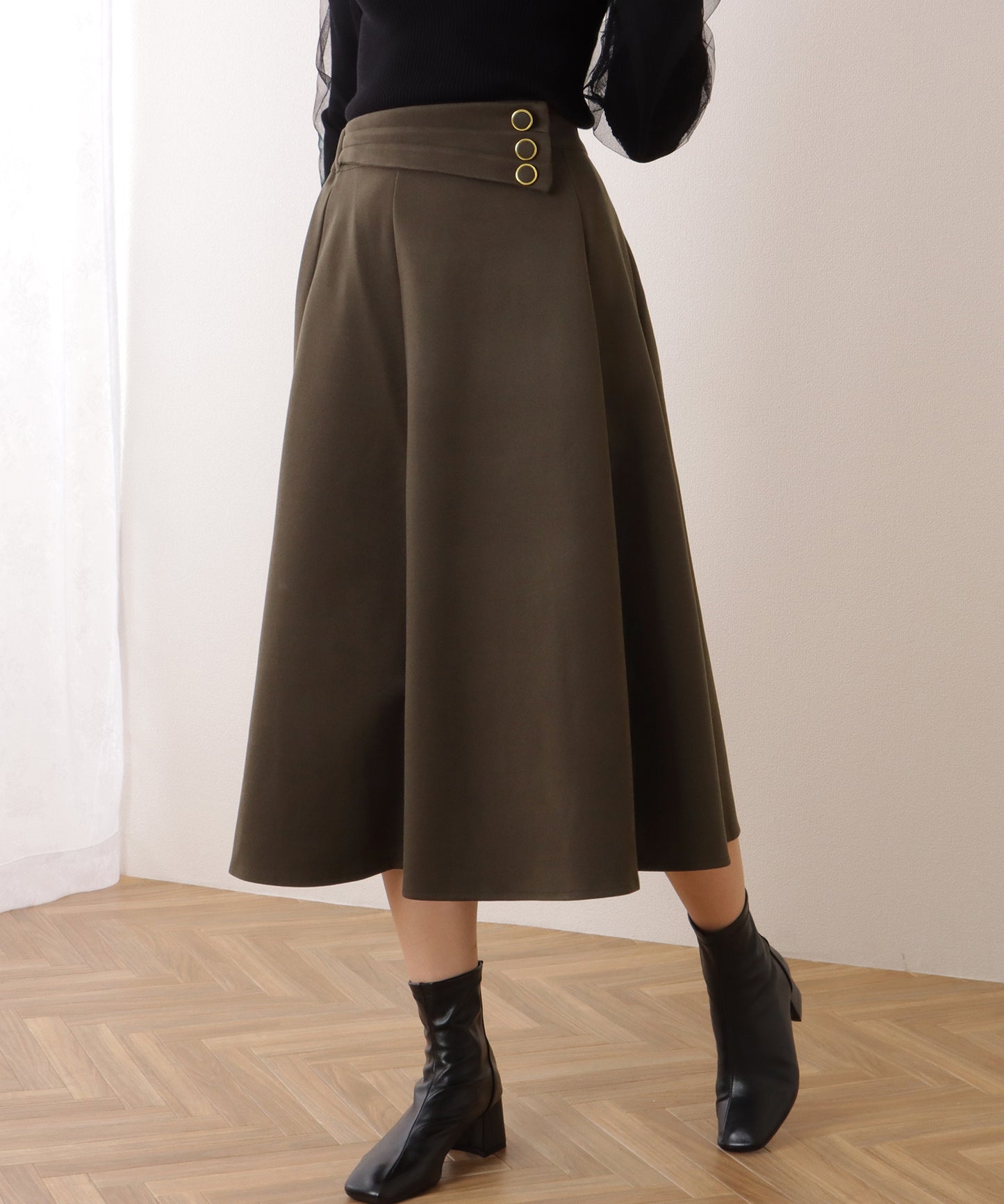 アシンメトリー ボタン ミモレ丈 Aライン スカート