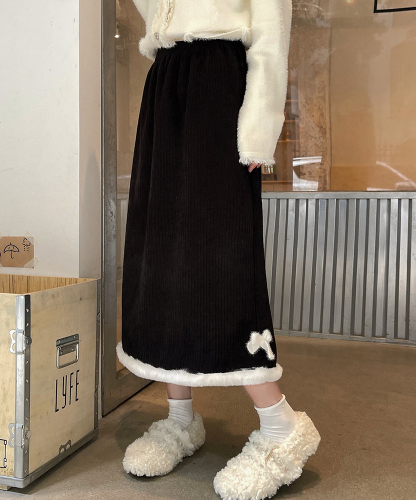 裏起毛 ファー付き コーデュロイ イージー スカート