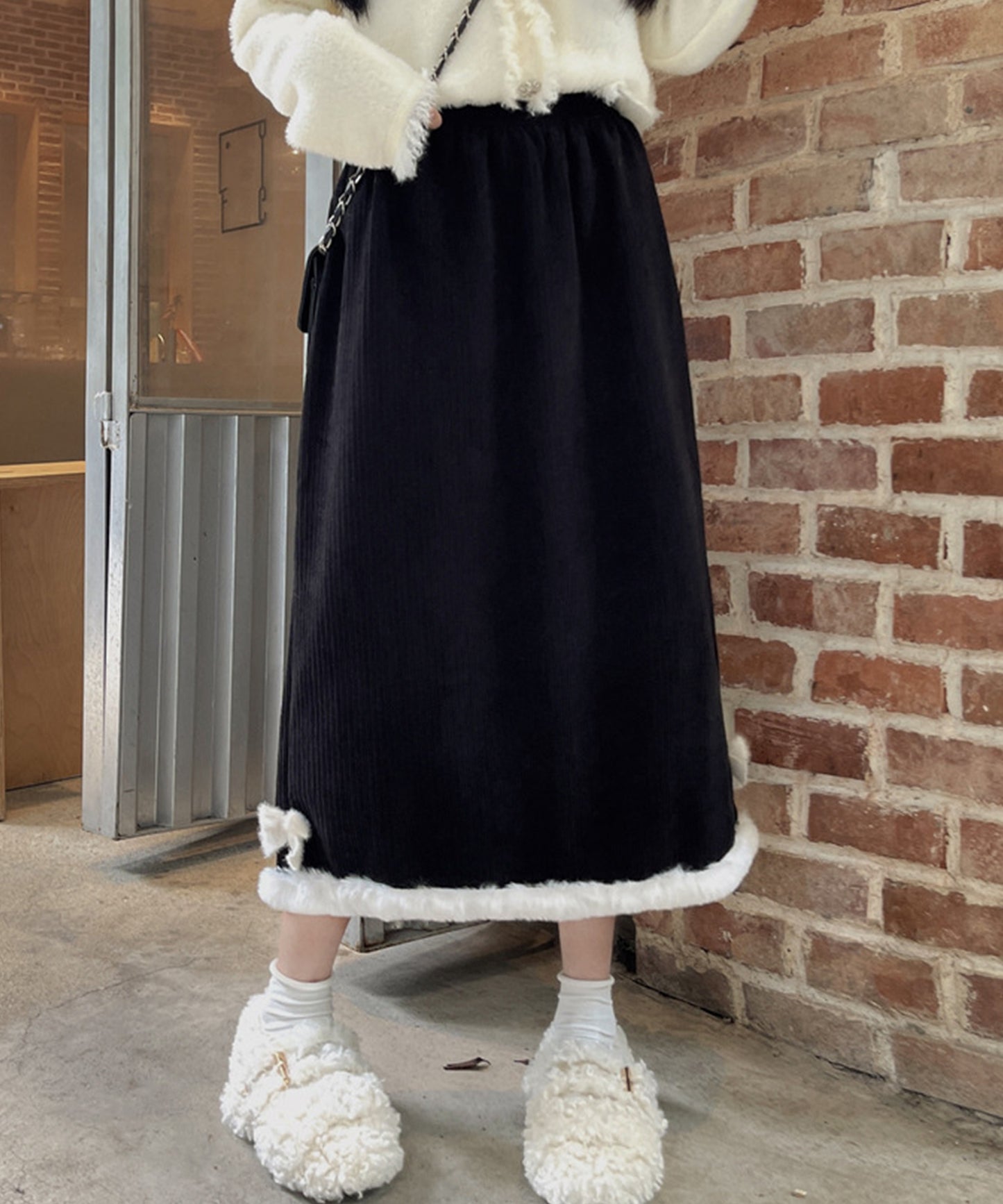 裏起毛 ファー付き コーデュロイ イージー スカート