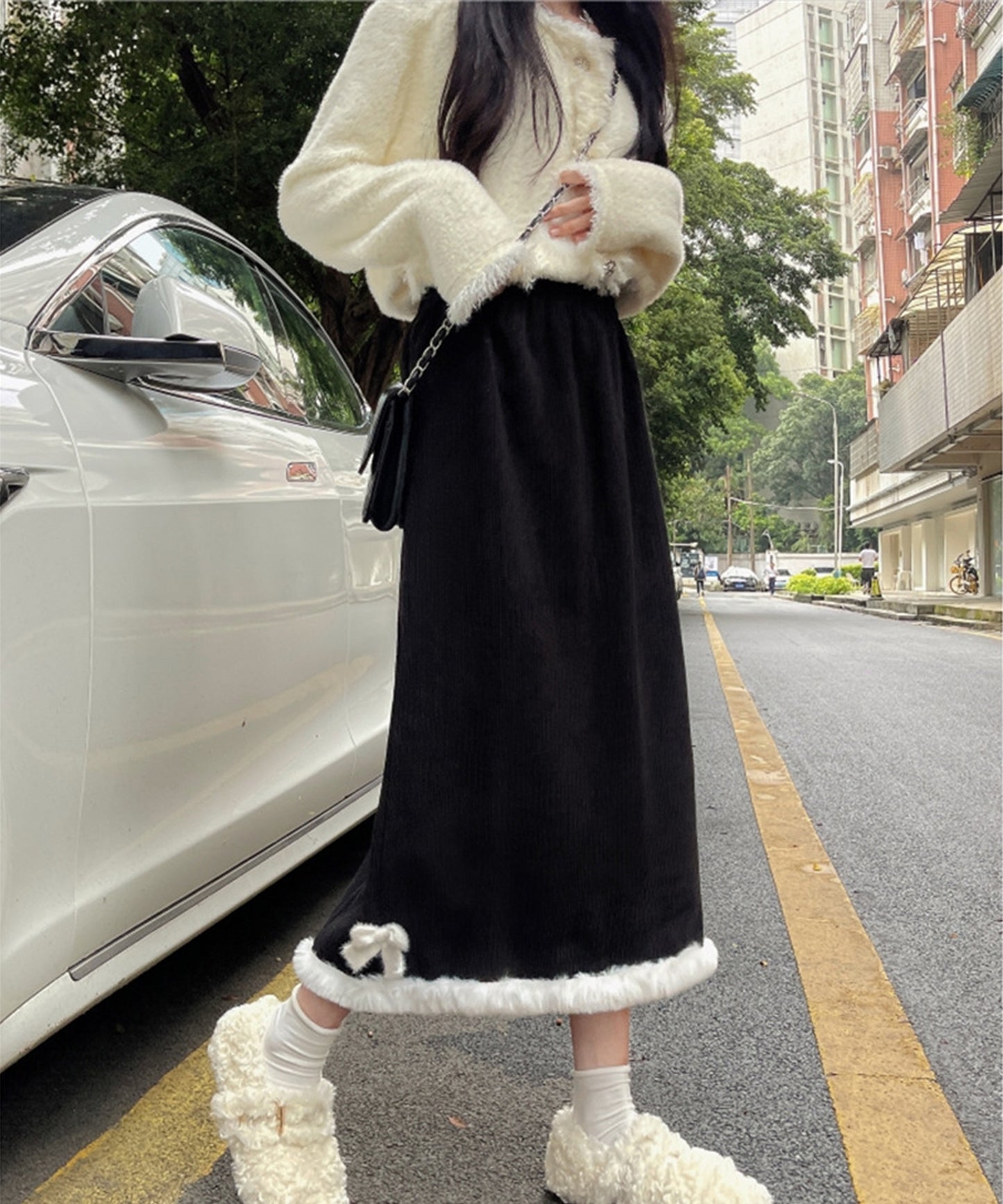 裏起毛 ファー付き コーデュロイ イージー スカート