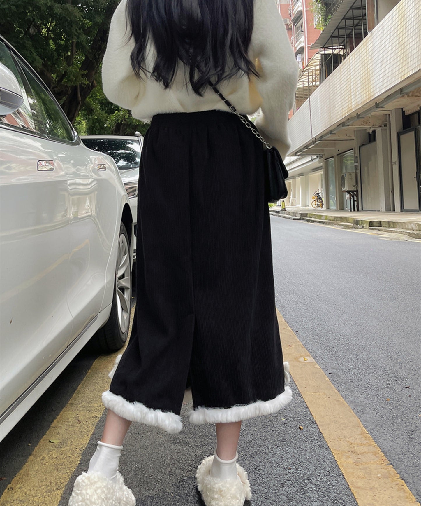 裏起毛 ファー付き コーデュロイ イージー スカート