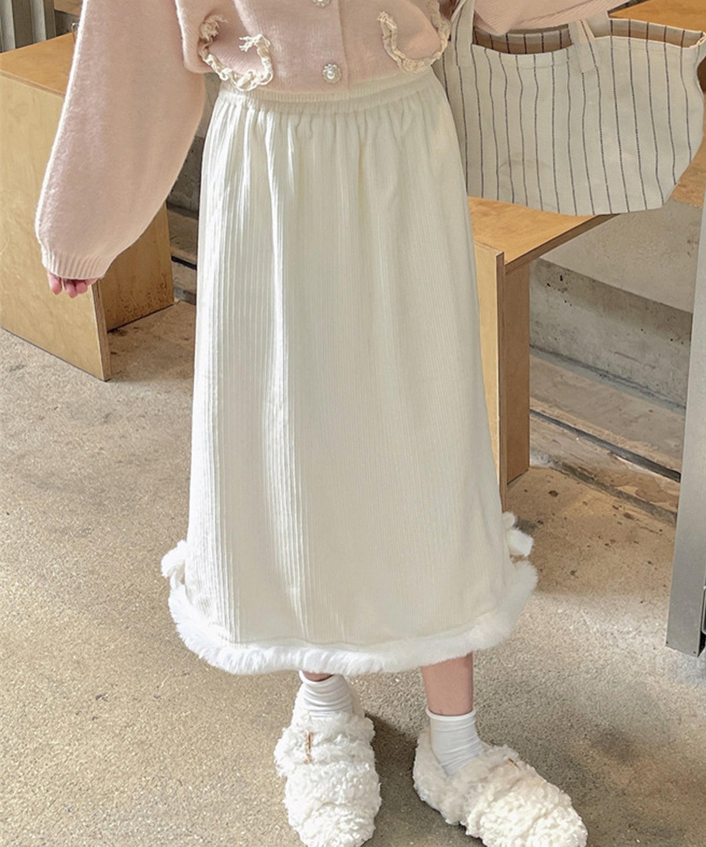 裏起毛 ファー付き コーデュロイ イージー スカート
