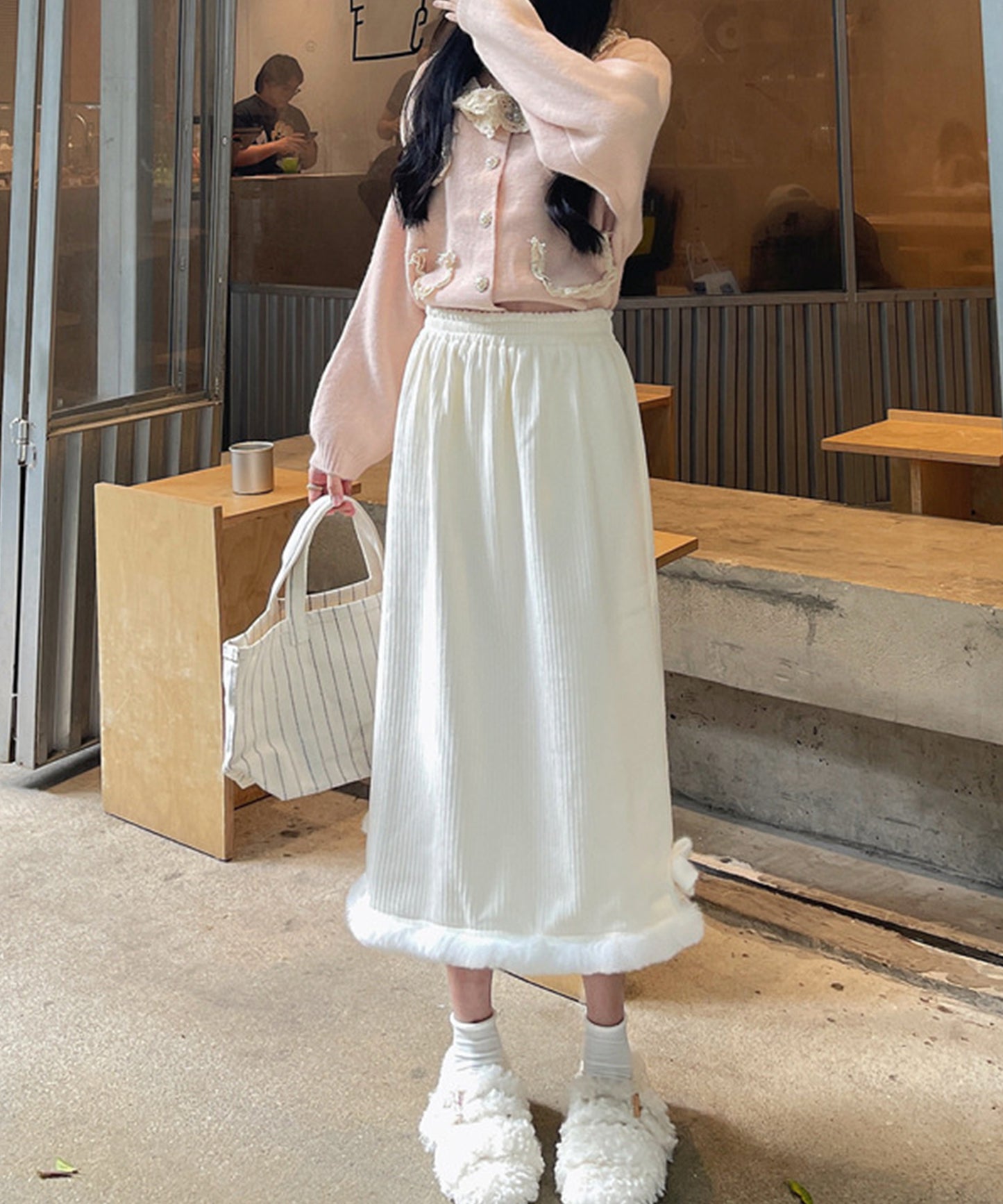 裏起毛 ファー付き コーデュロイ イージー スカート