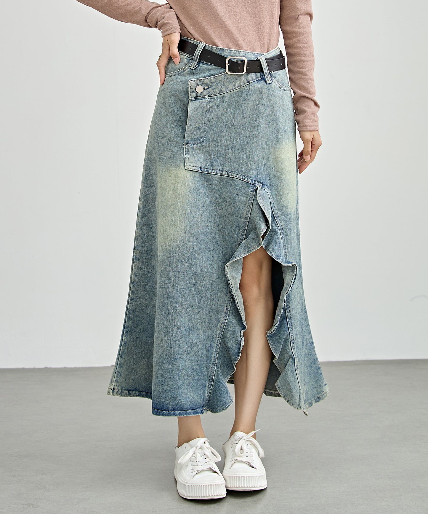 ハイウエスト リメイク デニム フリル スリット スカート