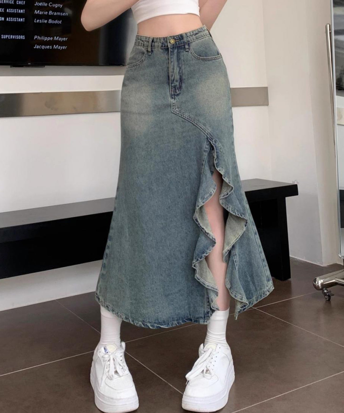 ハイウエスト リメイク デニム フリル スリット スカート