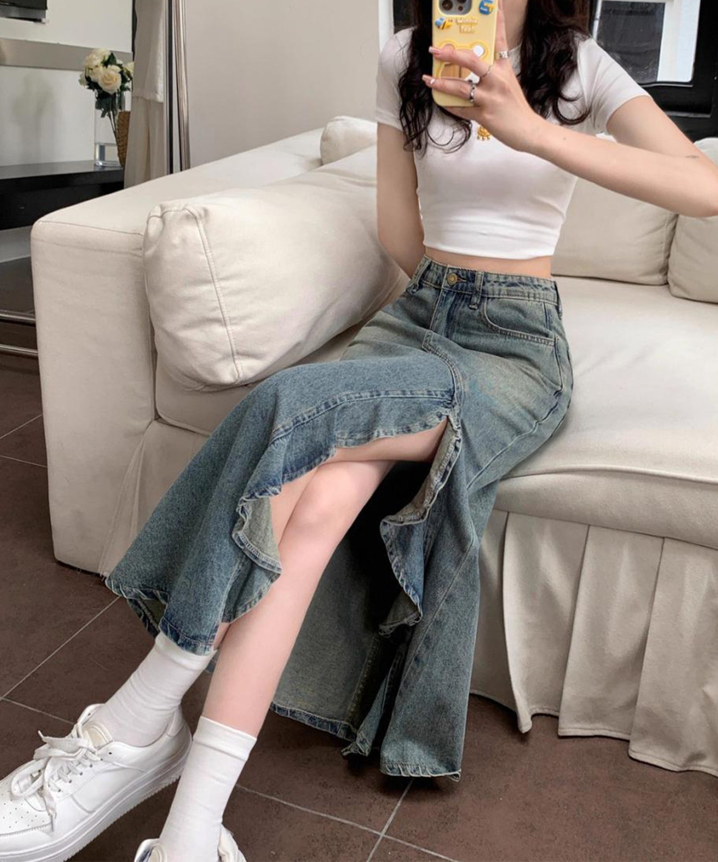 ハイウエスト リメイク デニム フリル スリット スカート