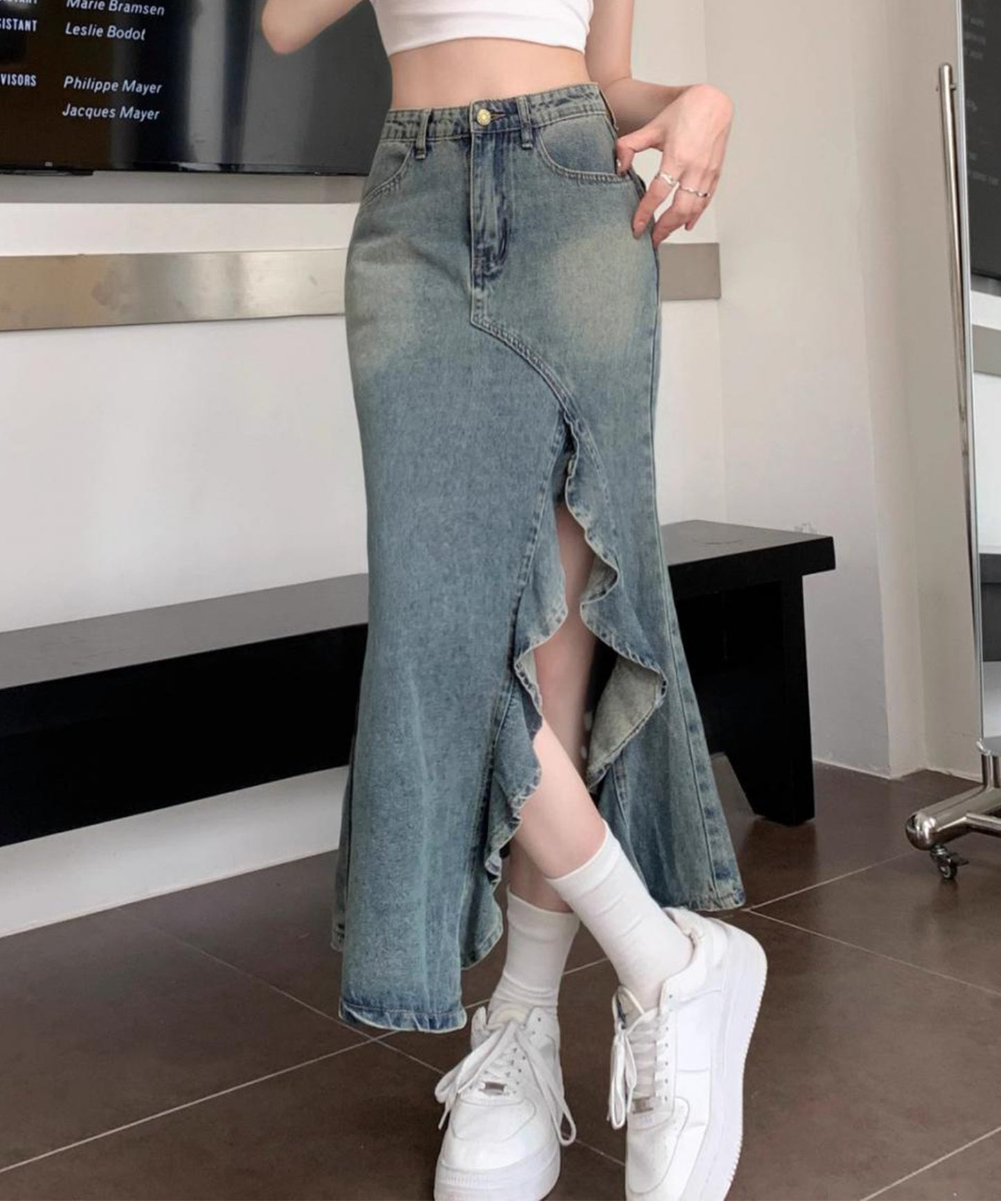 ハイウエスト リメイク デニム フリル スリット スカート