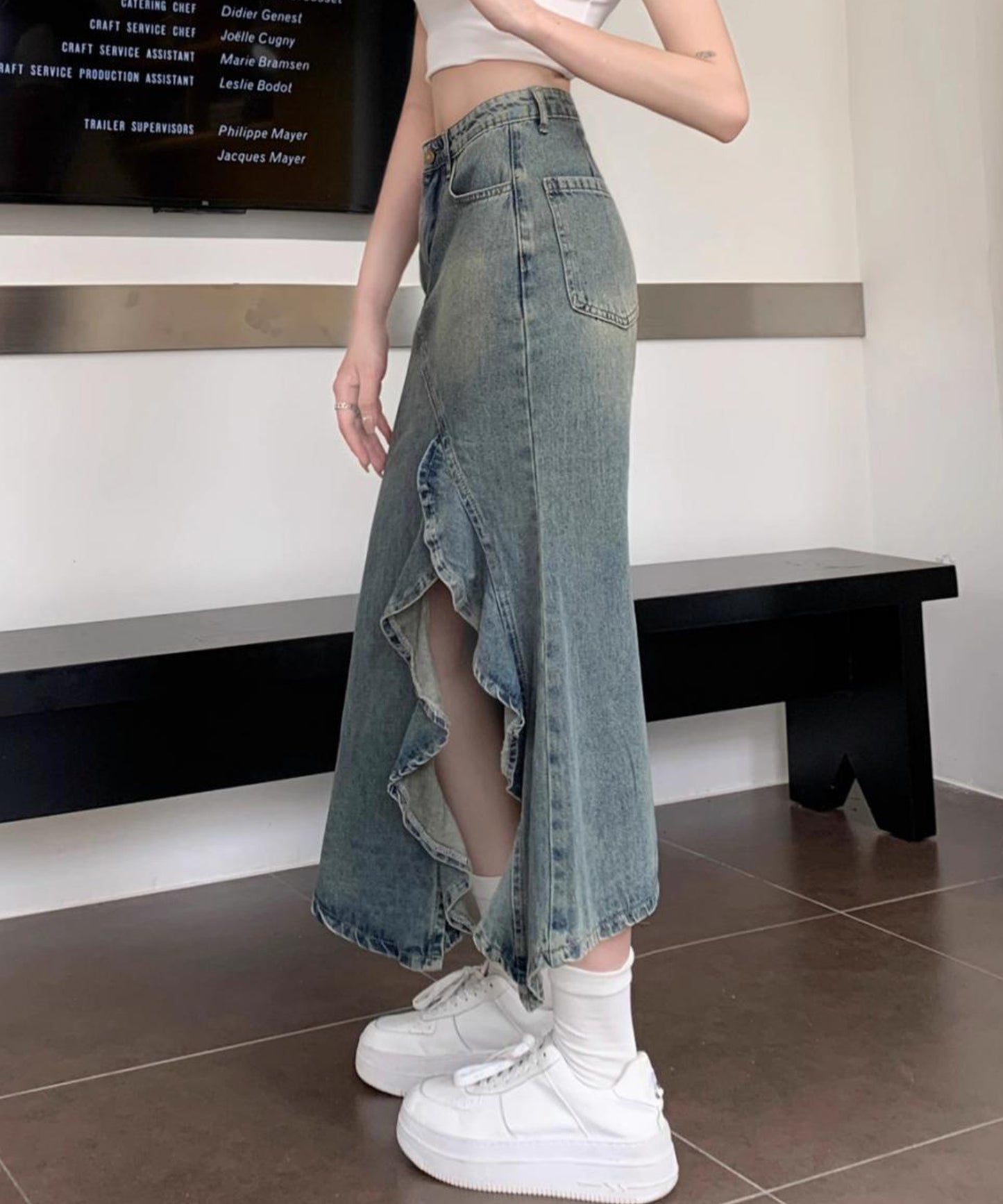 ハイウエスト リメイク デニム フリル スリット スカート