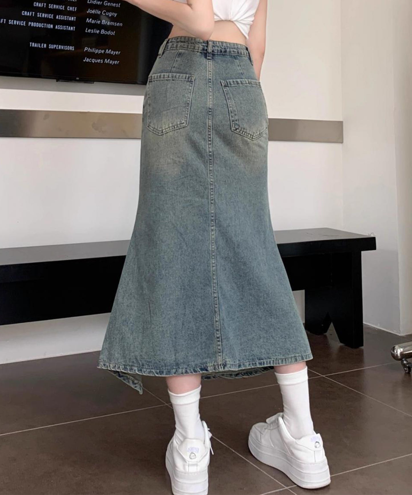 ハイウエスト リメイク デニム フリル スリット スカート