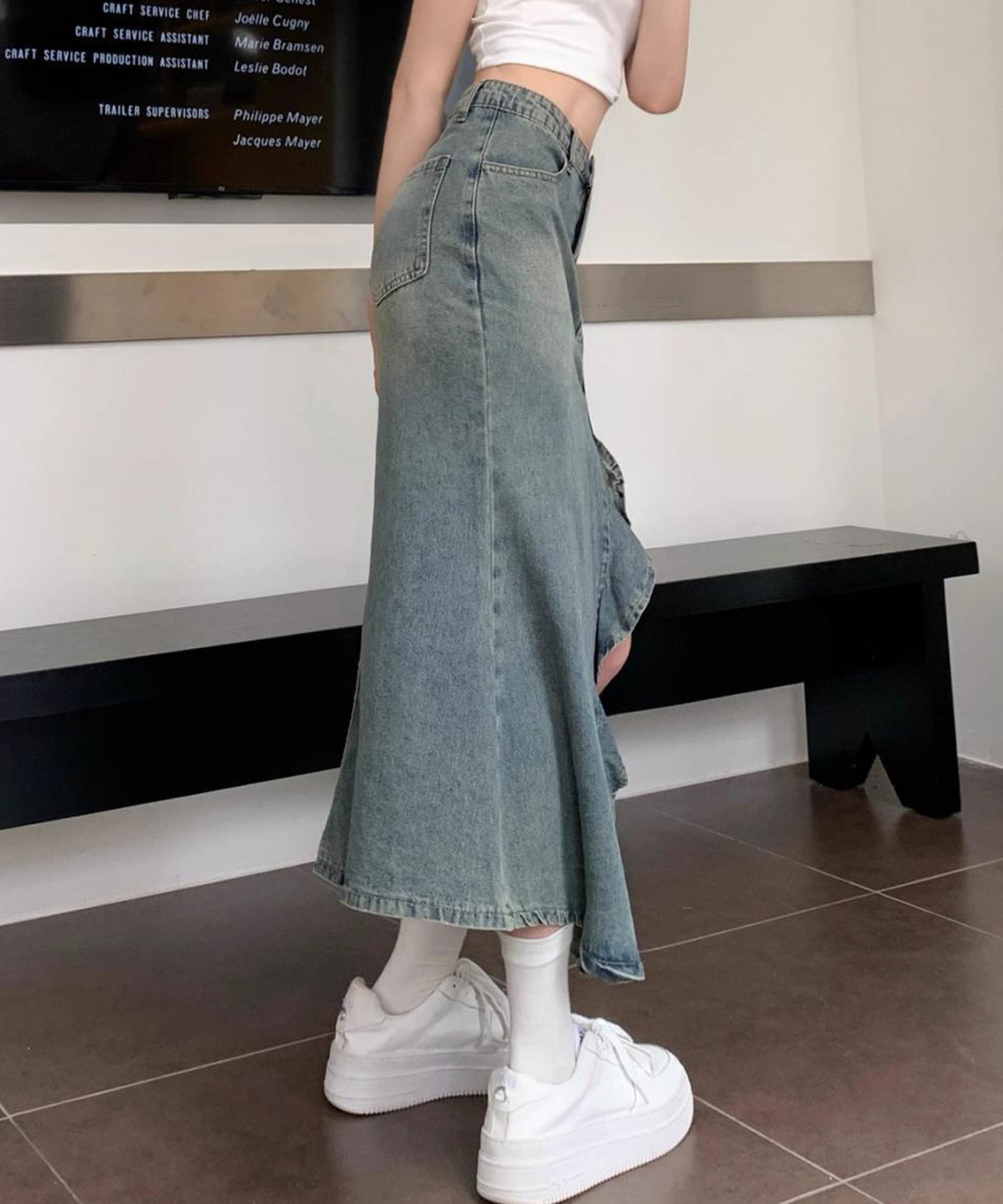 ハイウエスト リメイク デニム フリル スリット スカート