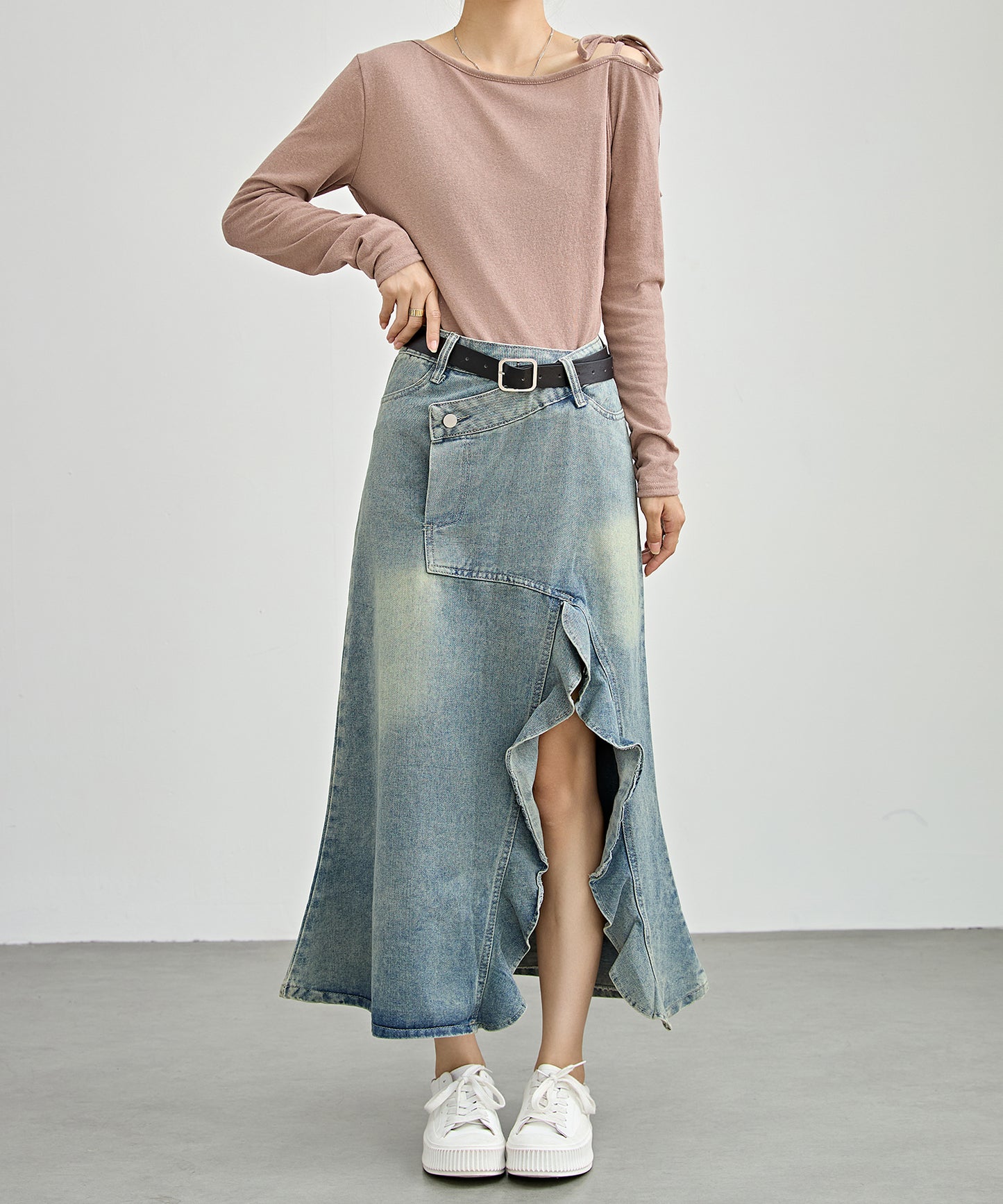 ハイウエスト リメイク デニム フリル スリット スカート