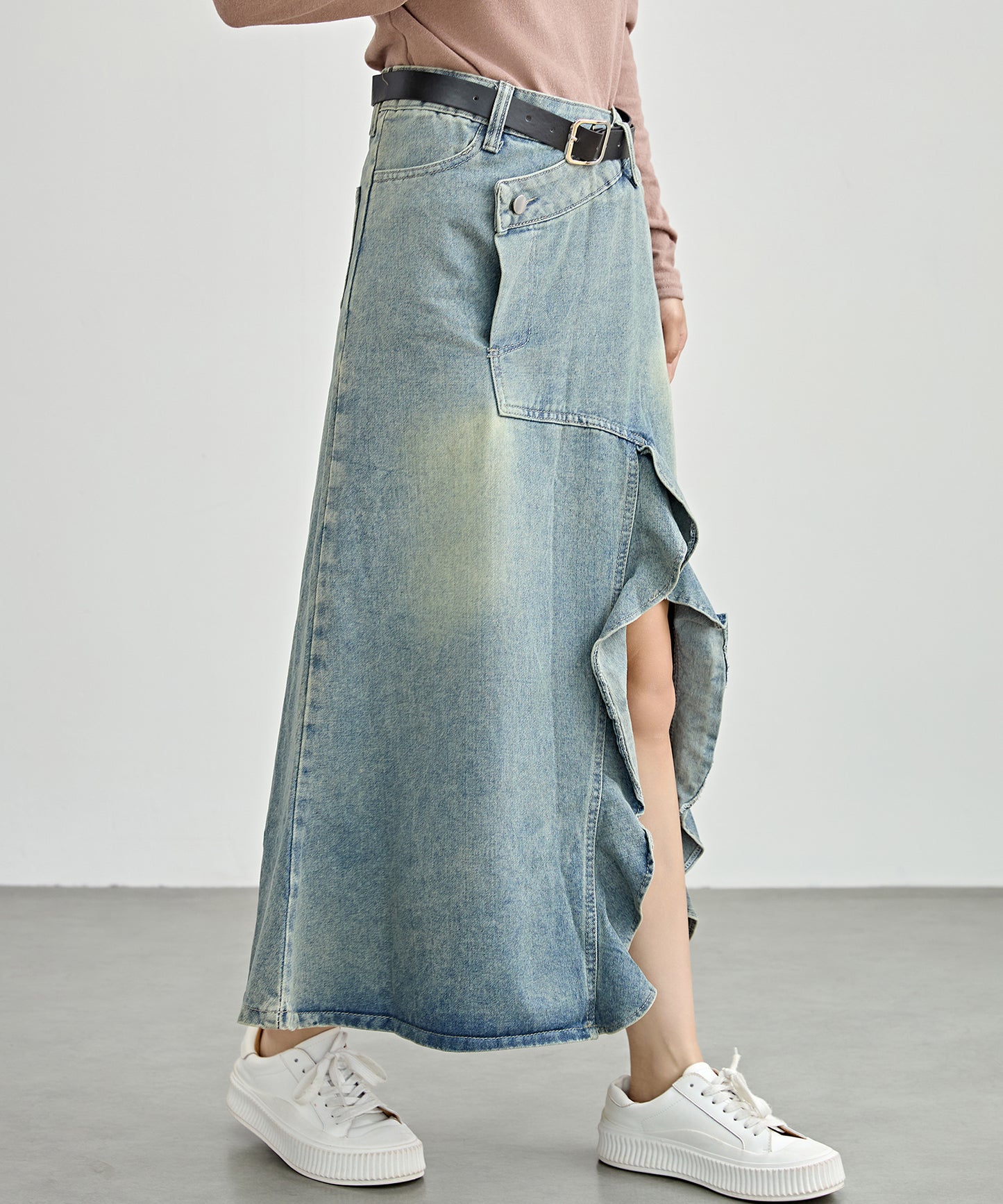 ハイウエスト リメイク デニム フリル スリット スカート