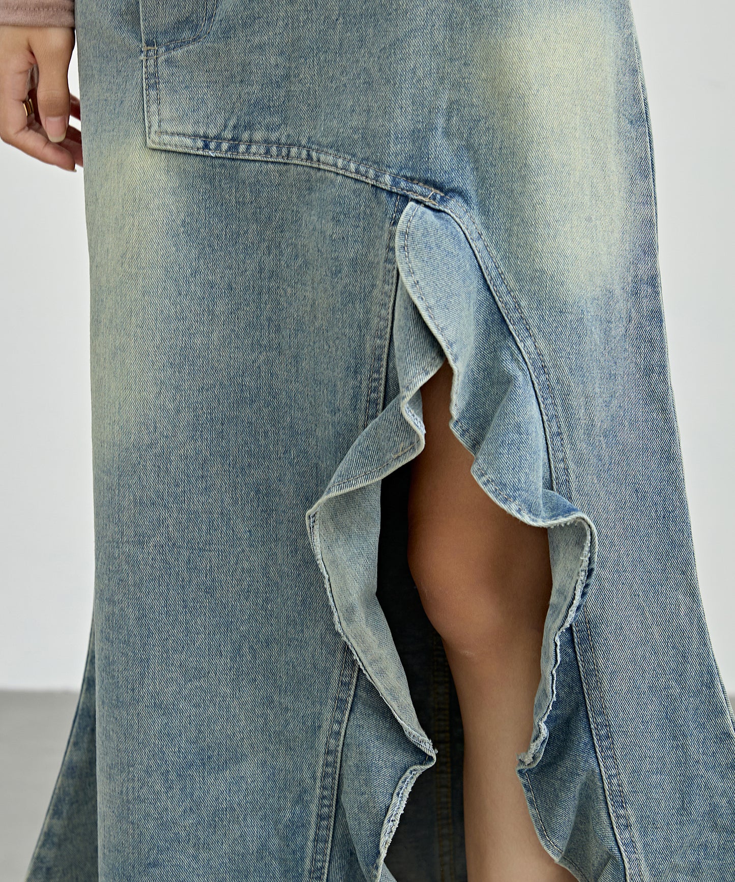 ハイウエスト リメイク デニム フリル スリット スカート