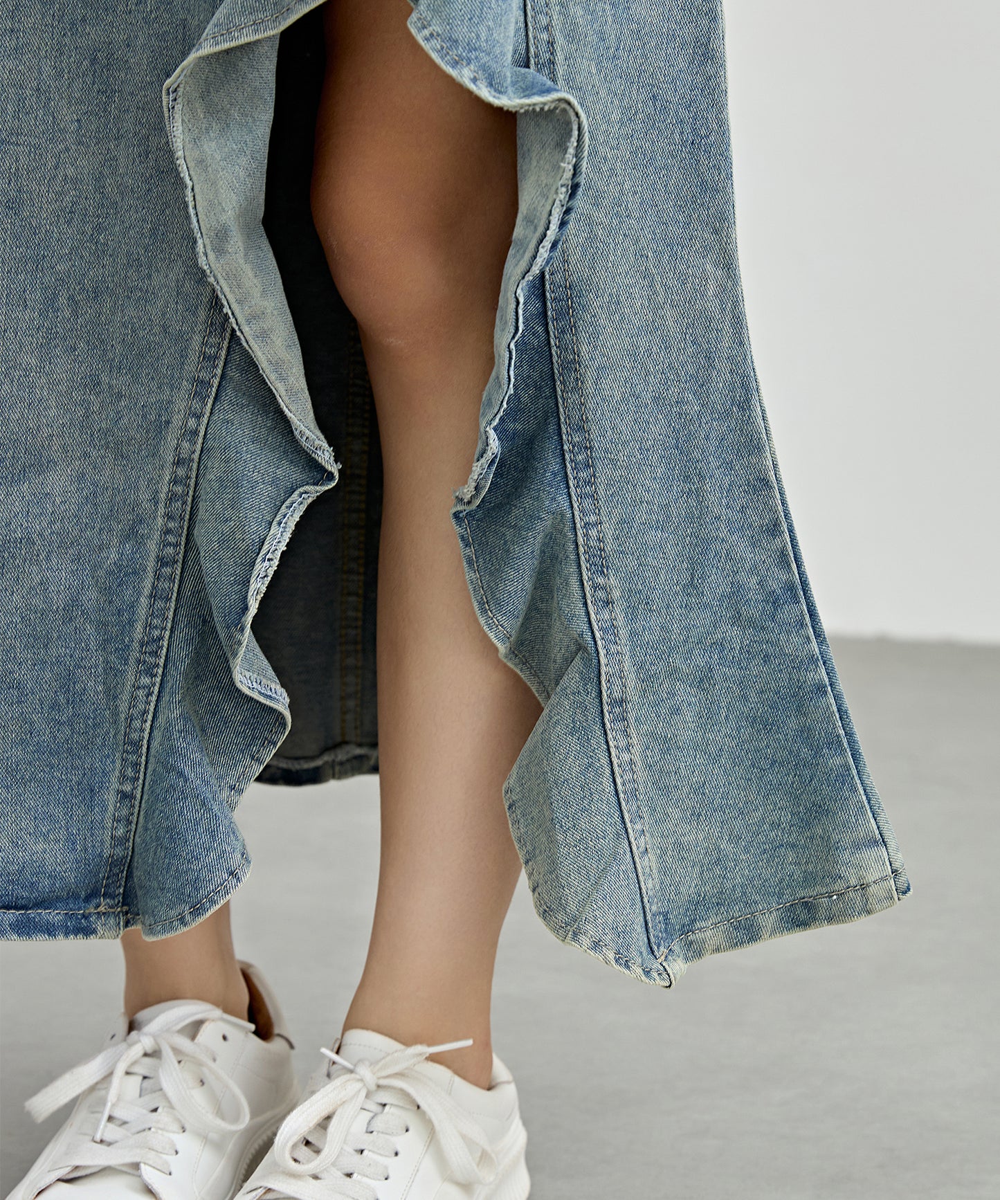 ハイウエスト リメイク デニム フリル スリット スカート