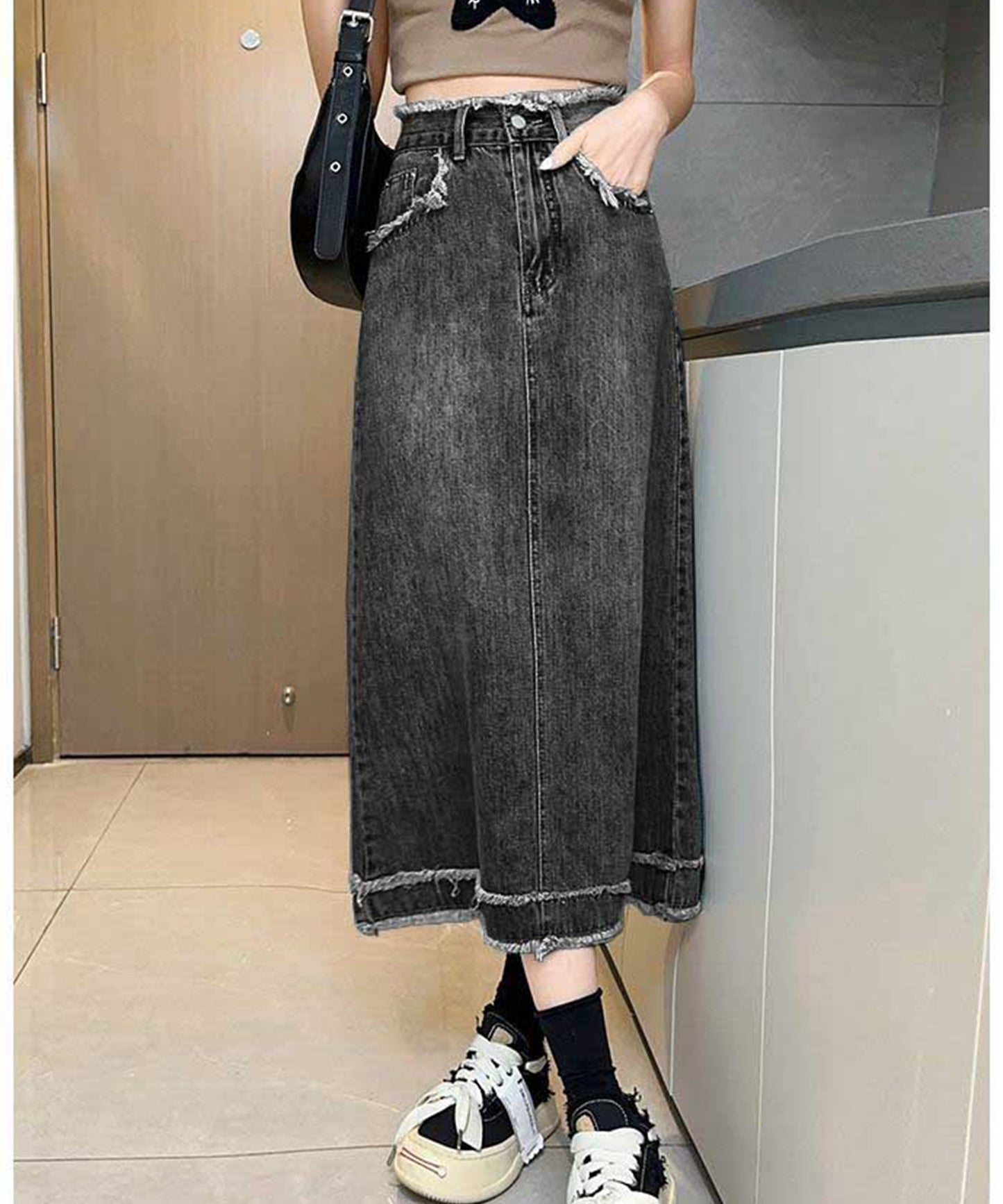 ハイウエスト デニム フリンジ Aライン デニム スカート