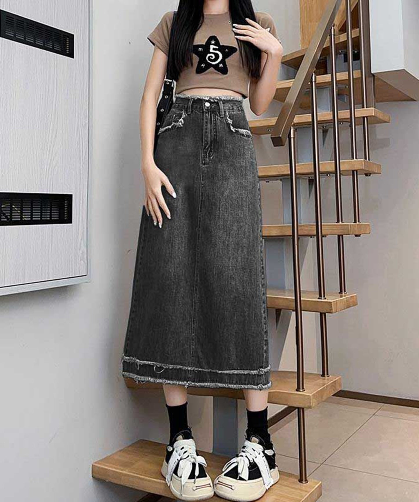 ハイウエスト デニム フリンジ Aライン デニム スカート