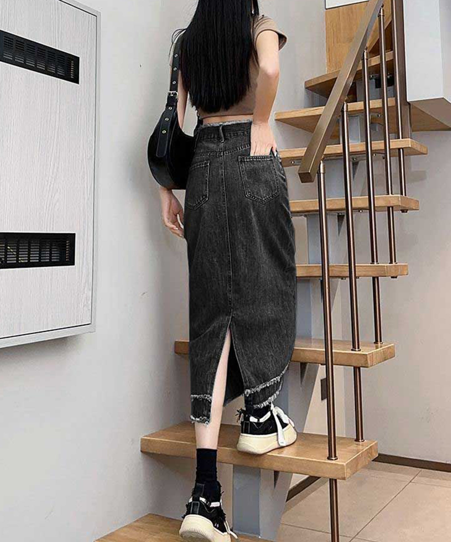 ハイウエスト デニム フリンジ Aライン デニム スカート