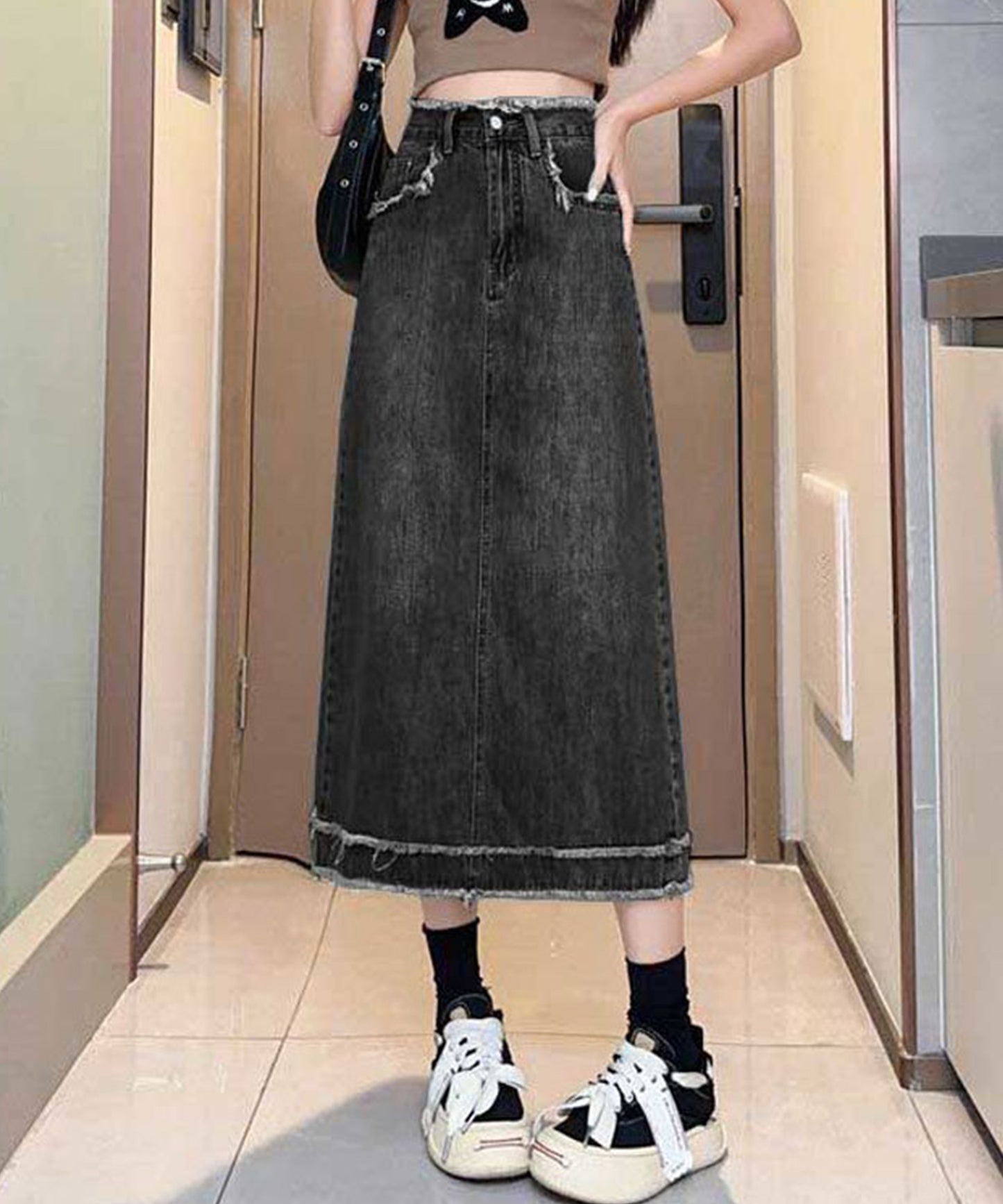 ハイウエスト デニム フリンジ Aライン デニム スカート