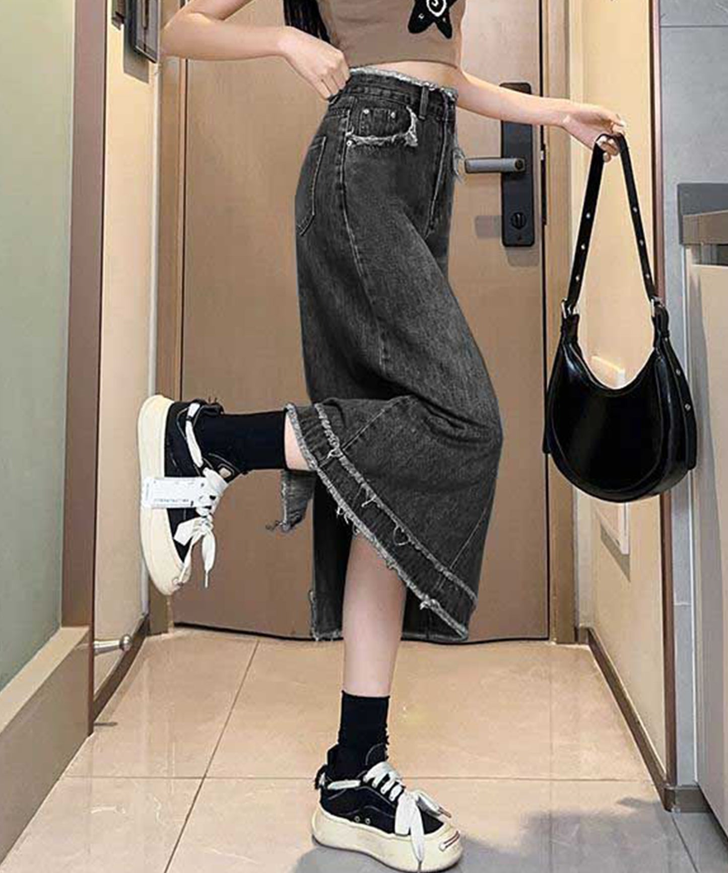 ハイウエスト デニム フリンジ Aライン デニム スカート