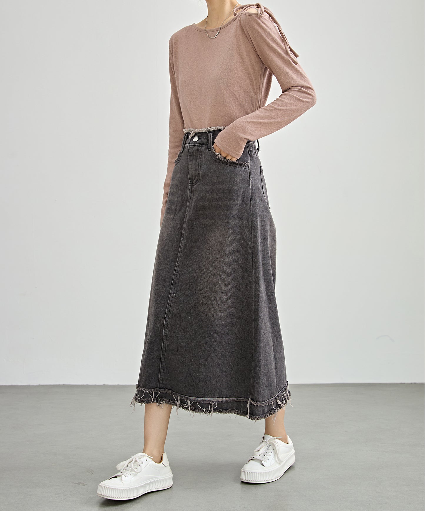 ハイウエスト デニム フリンジ Aライン デニム スカート