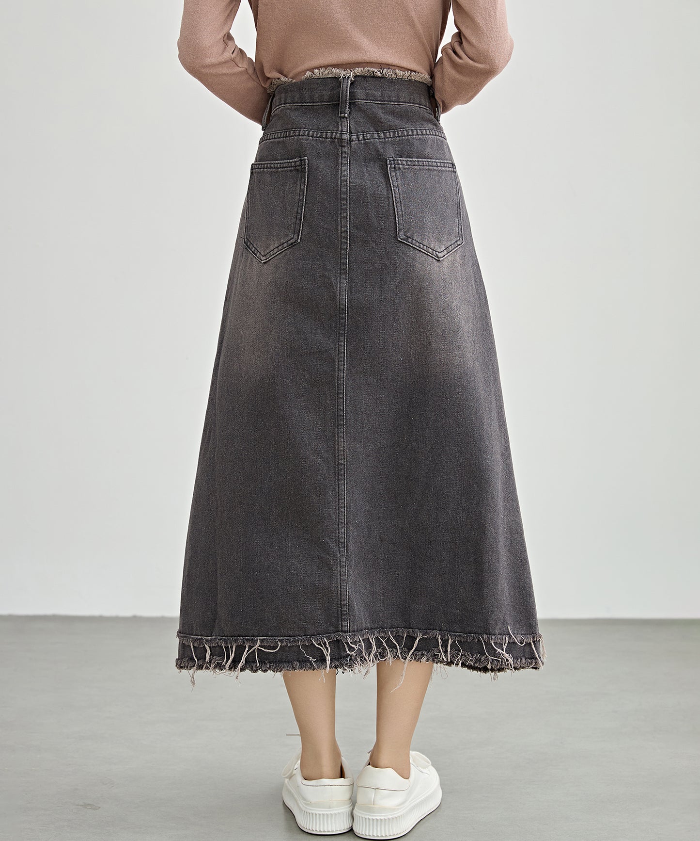 ハイウエスト デニム フリンジ Aライン デニム スカート