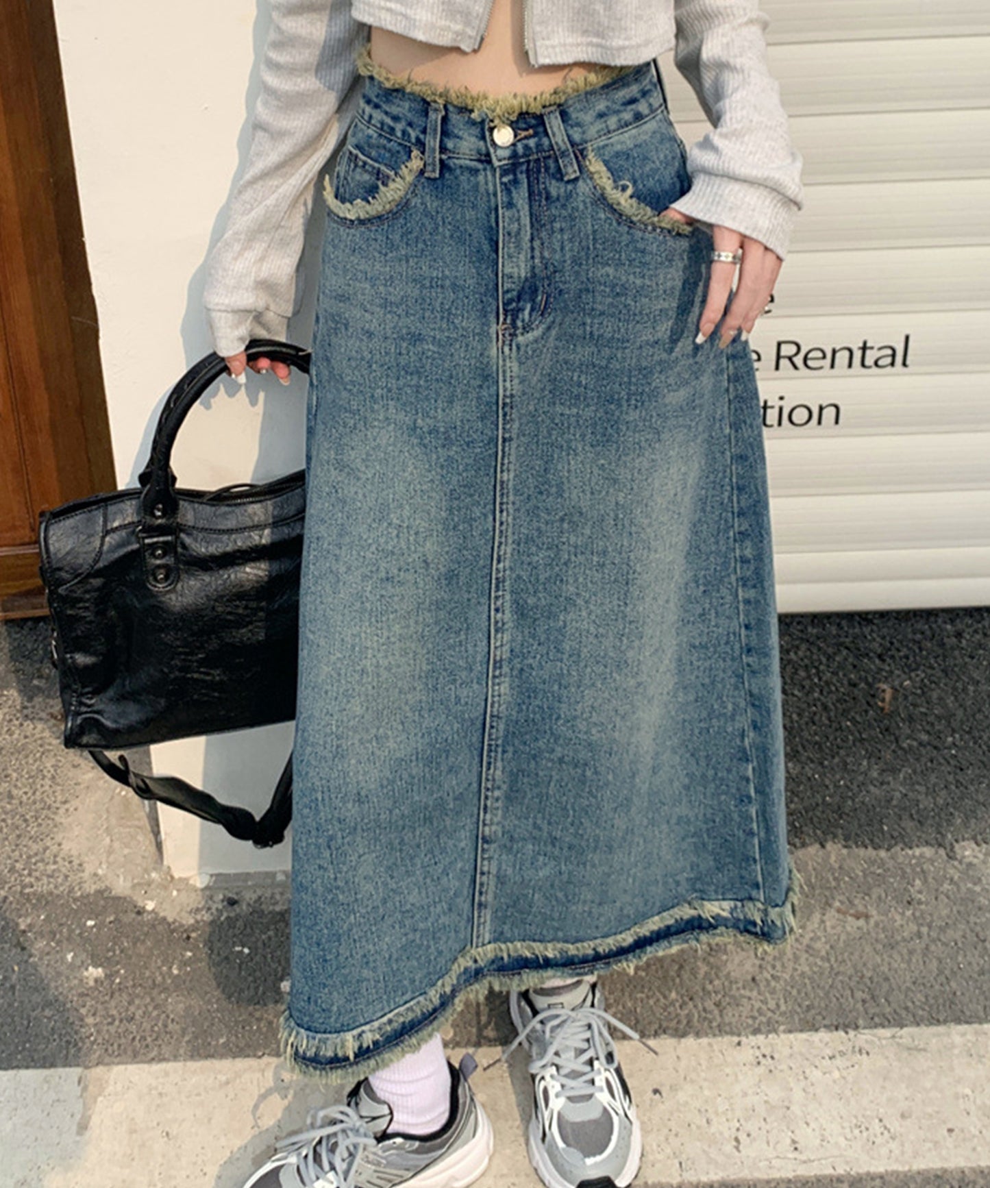 ハイウエスト デニム フリンジ Aライン デニム スカート