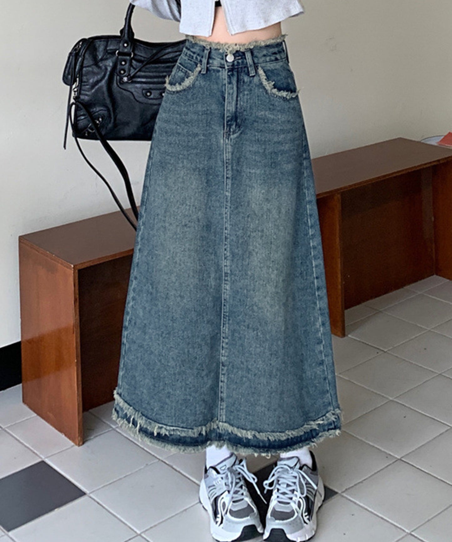 ハイウエスト デニム フリンジ Aライン デニム スカート