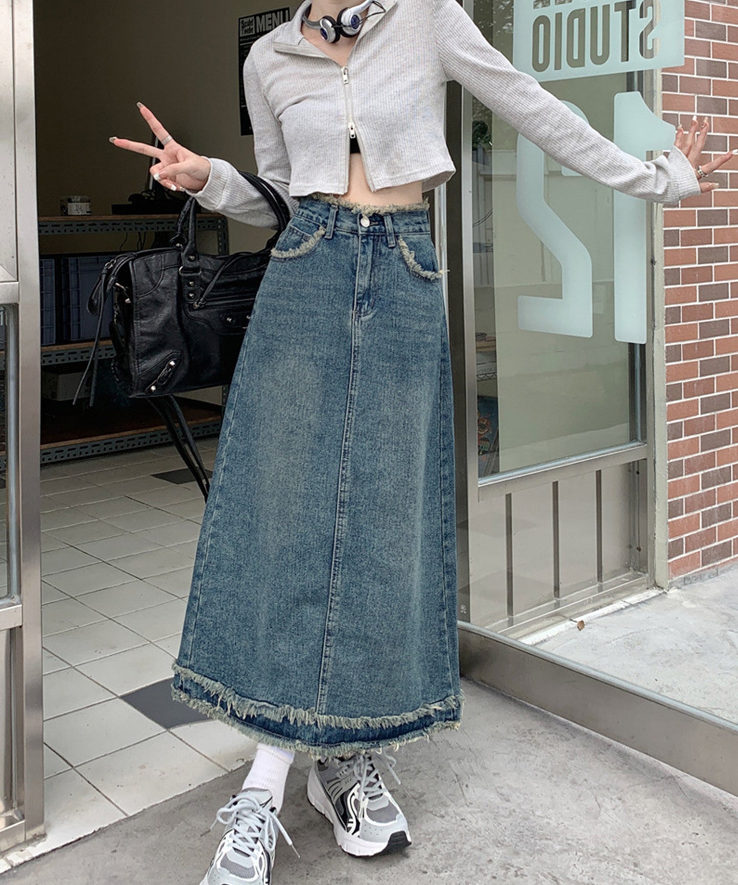 ハイウエスト デニム フリンジ Aライン デニム スカート