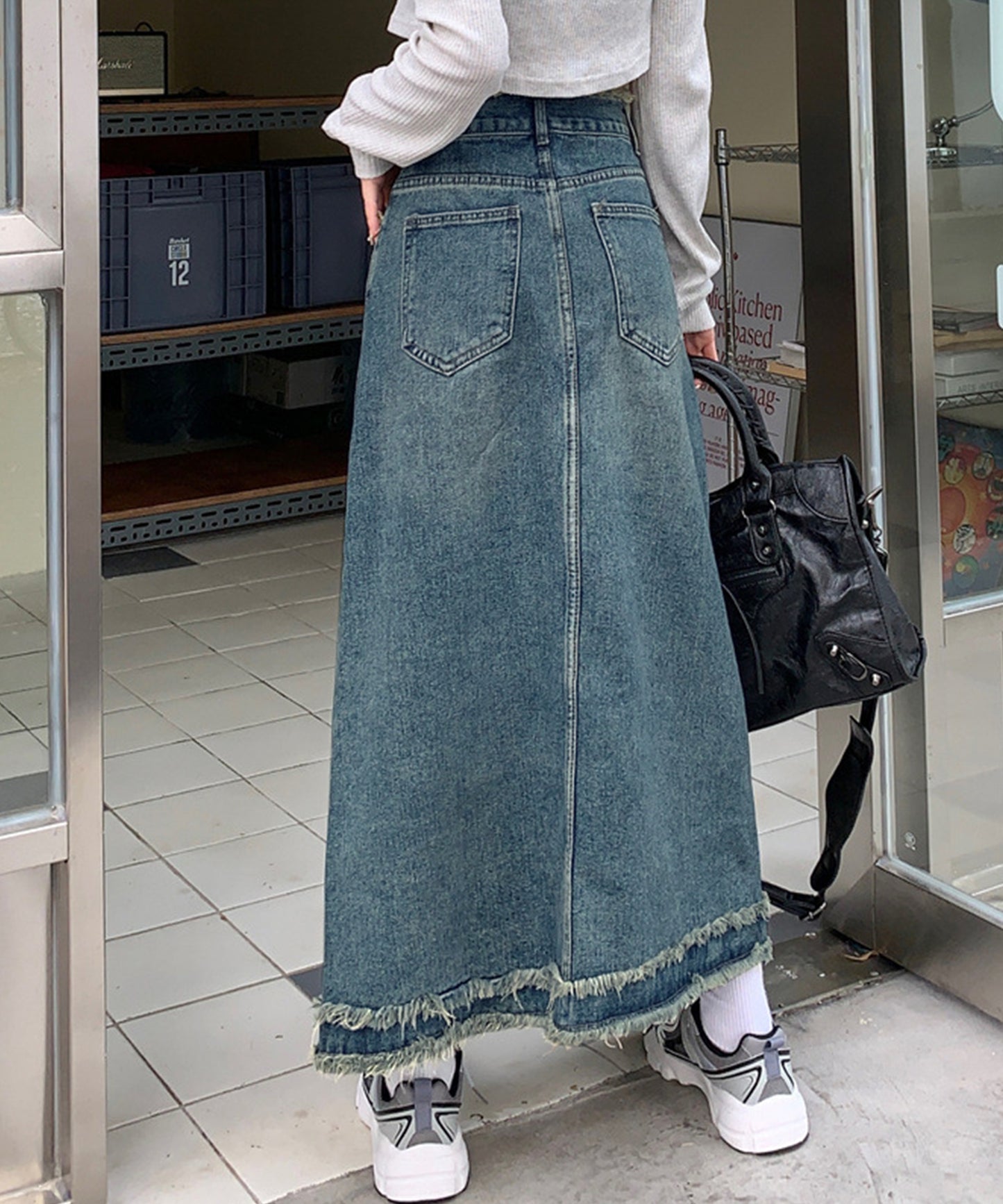 ハイウエスト デニム フリンジ Aライン デニム スカート