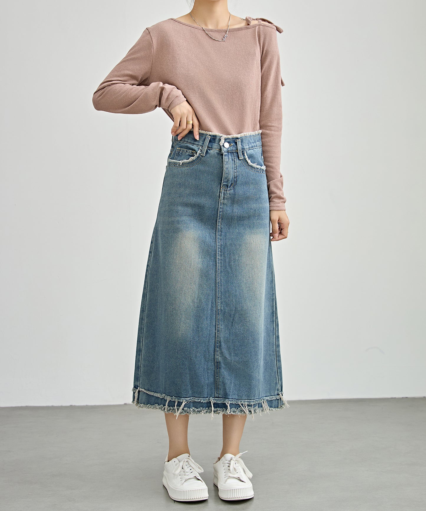 ハイウエスト デニム フリンジ Aライン デニム スカート