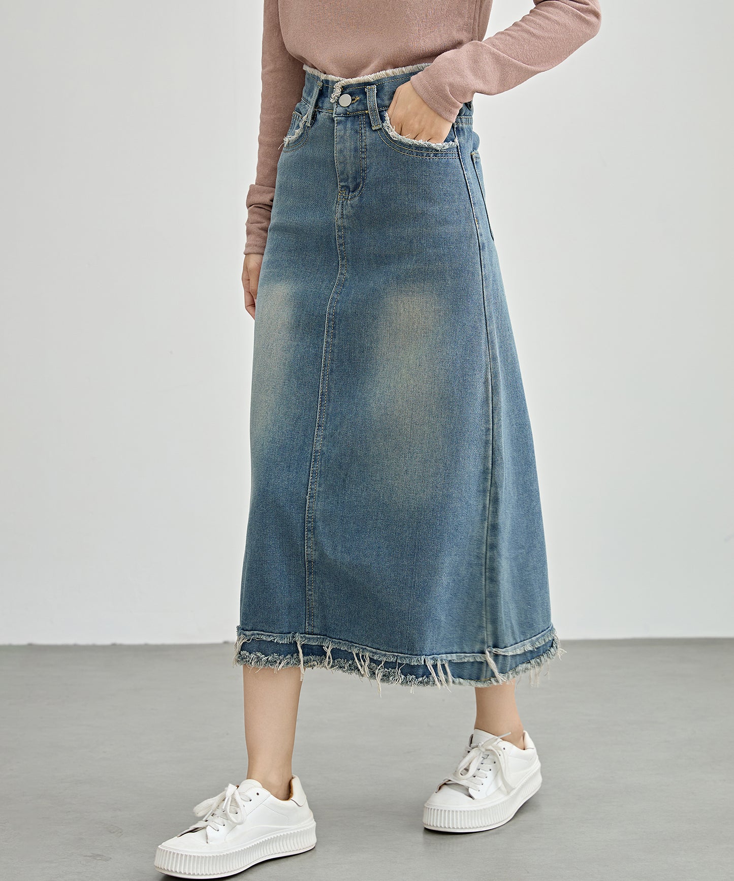 ハイウエスト デニム フリンジ Aライン デニム スカート