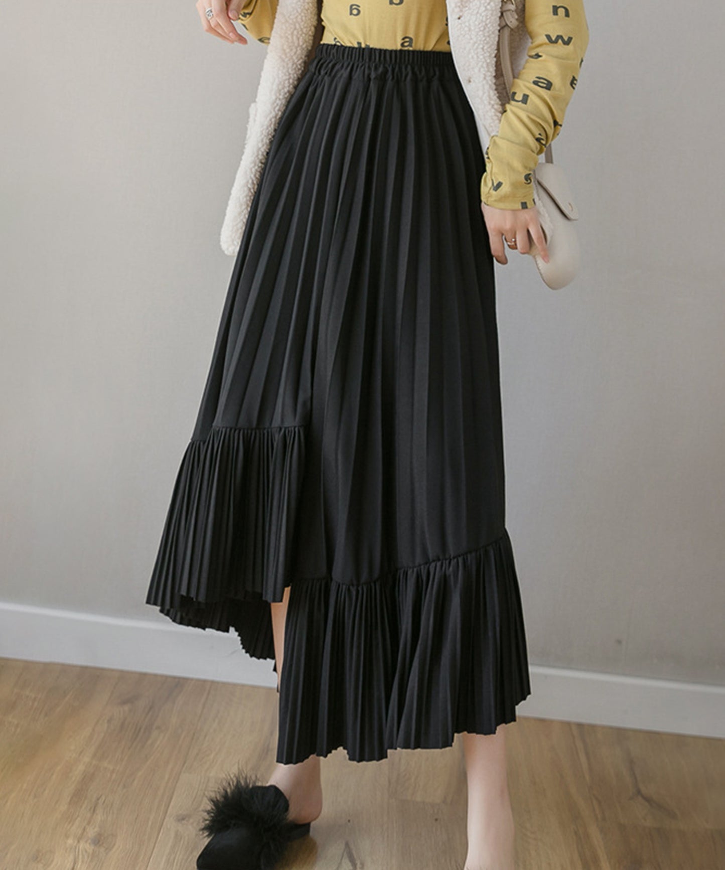 アシンメトリー ラッフル プリーツ ロング スカート