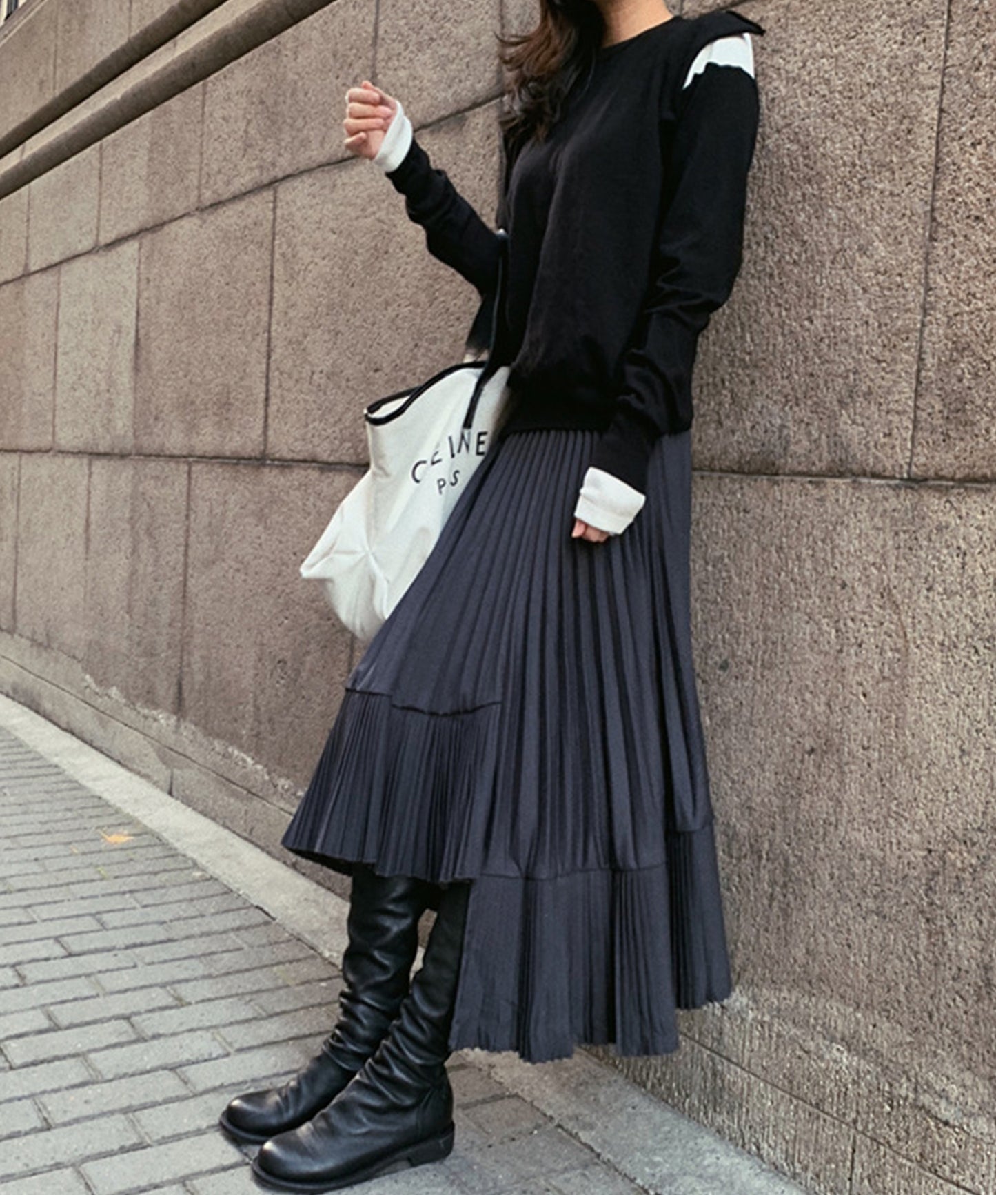 アシンメトリー ラッフル プリーツ ロング スカート