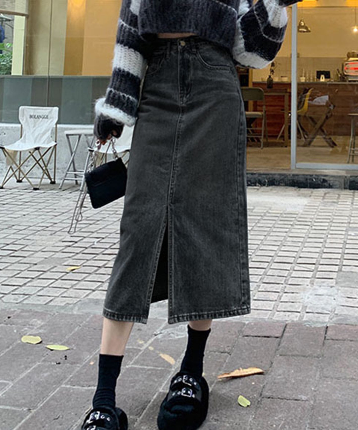 ハイウエスト スリット デニム タイト スカート