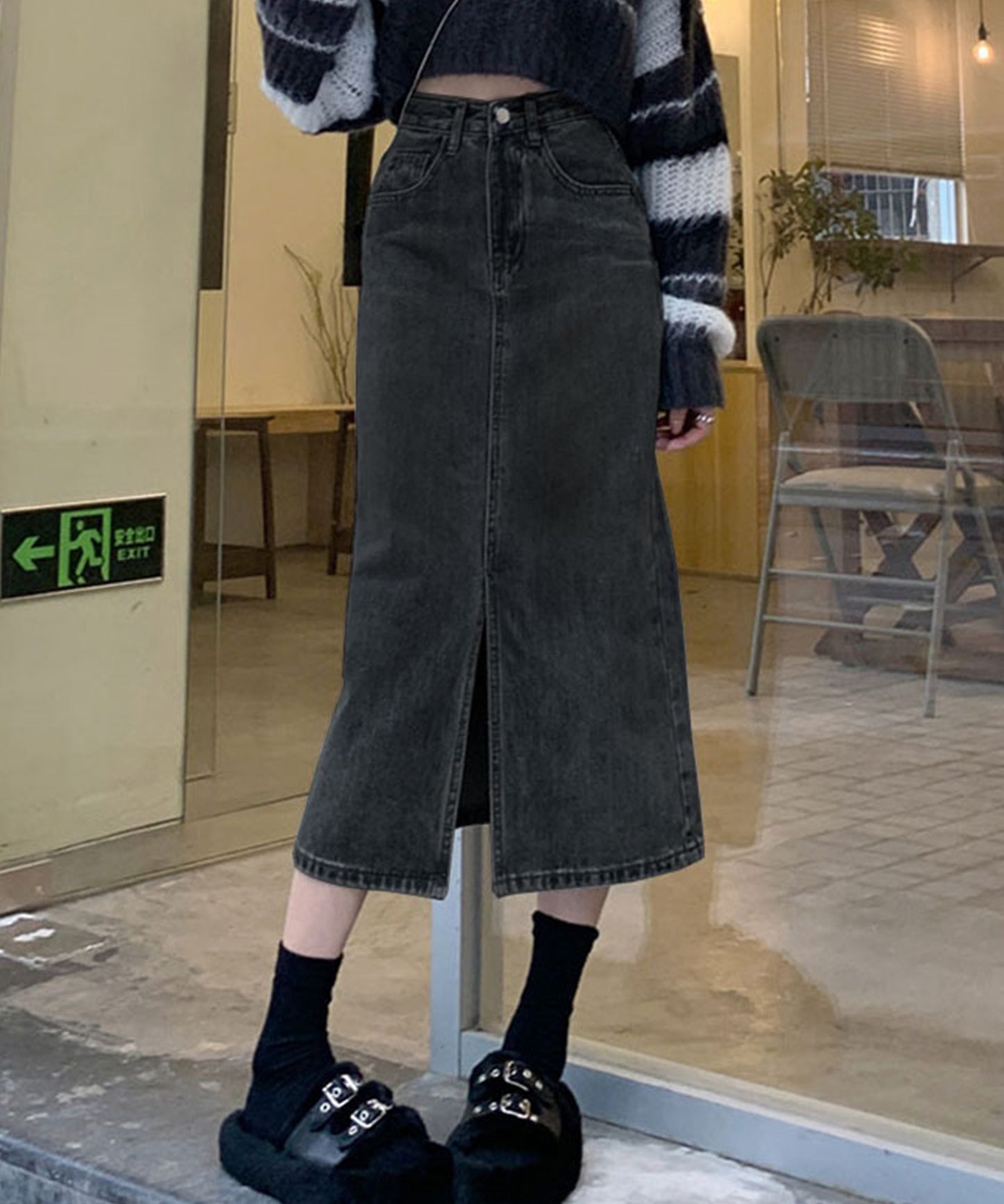 ハイウエスト スリット デニム タイト スカート