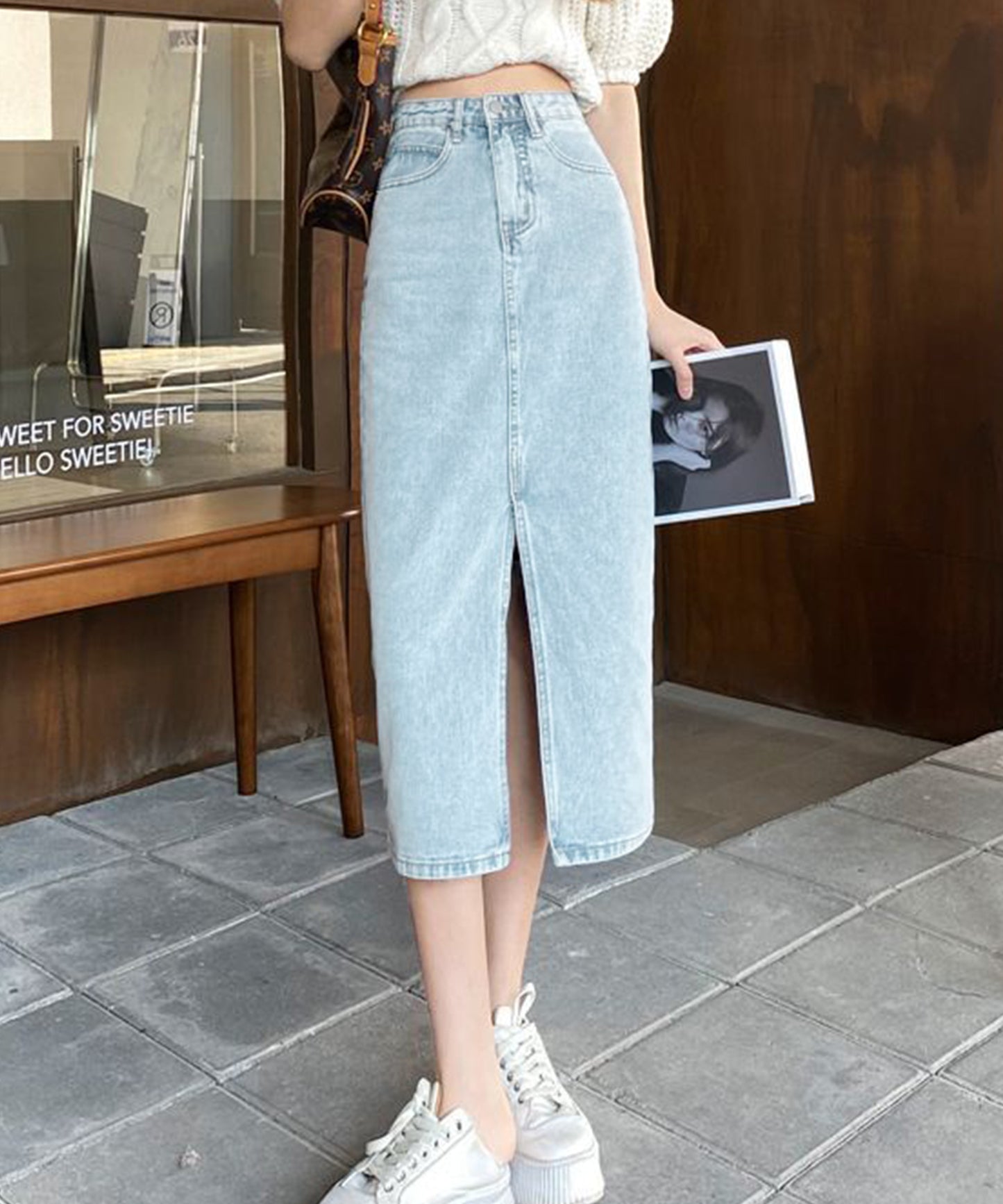 ハイウエスト スリット デニム タイト スカート