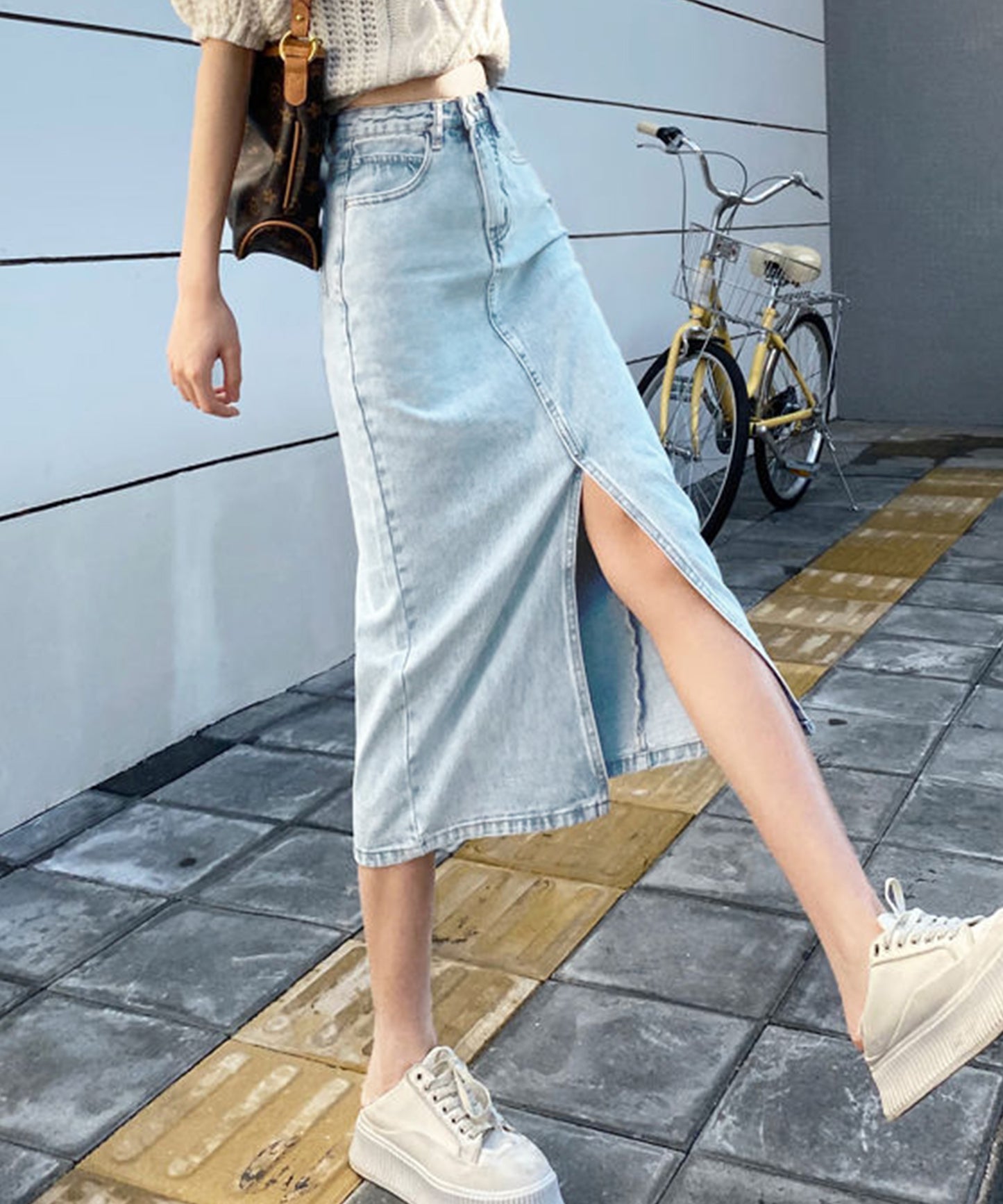 ハイウエスト スリット デニム タイト スカート