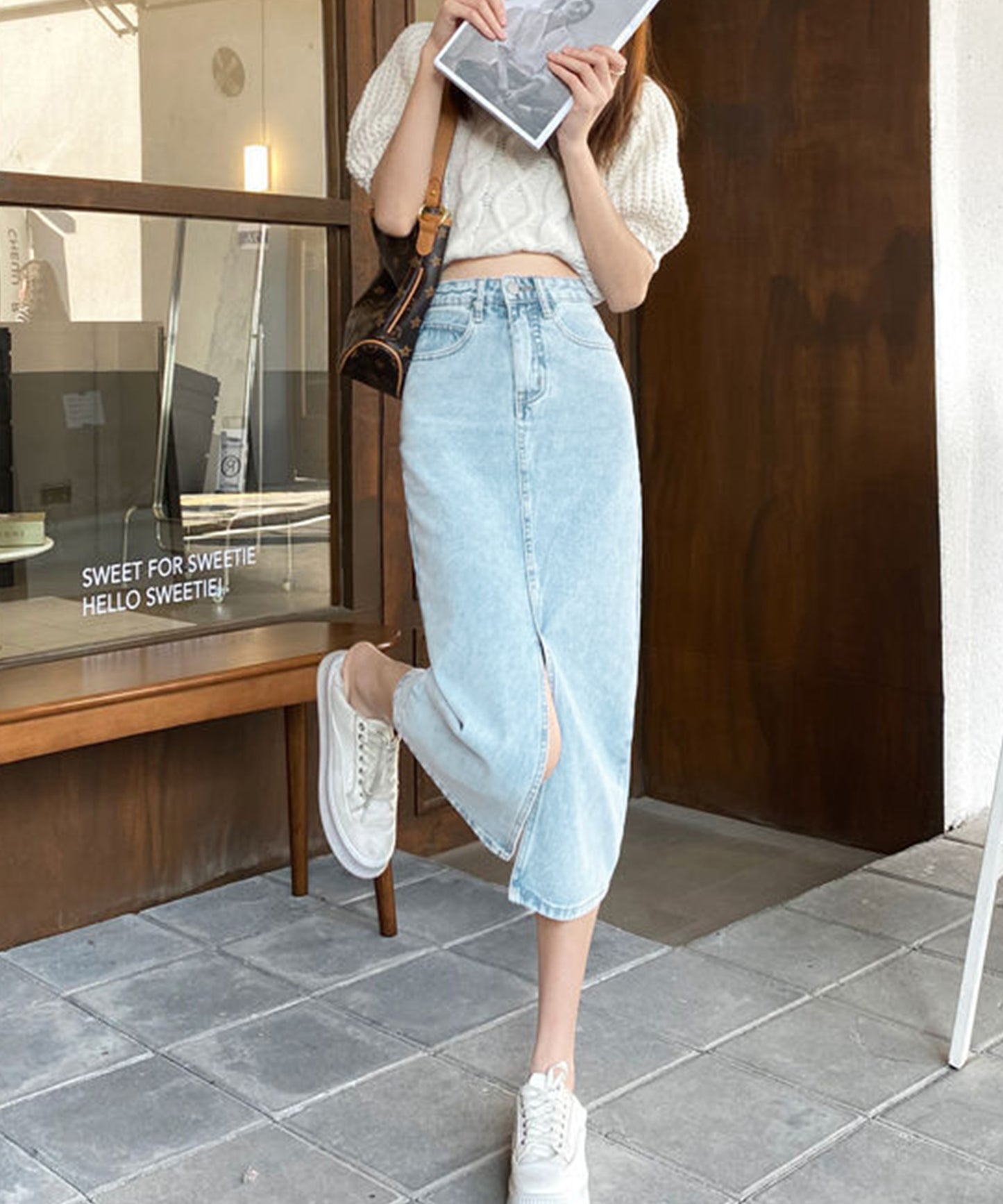 ハイウエスト スリット デニム タイト スカート