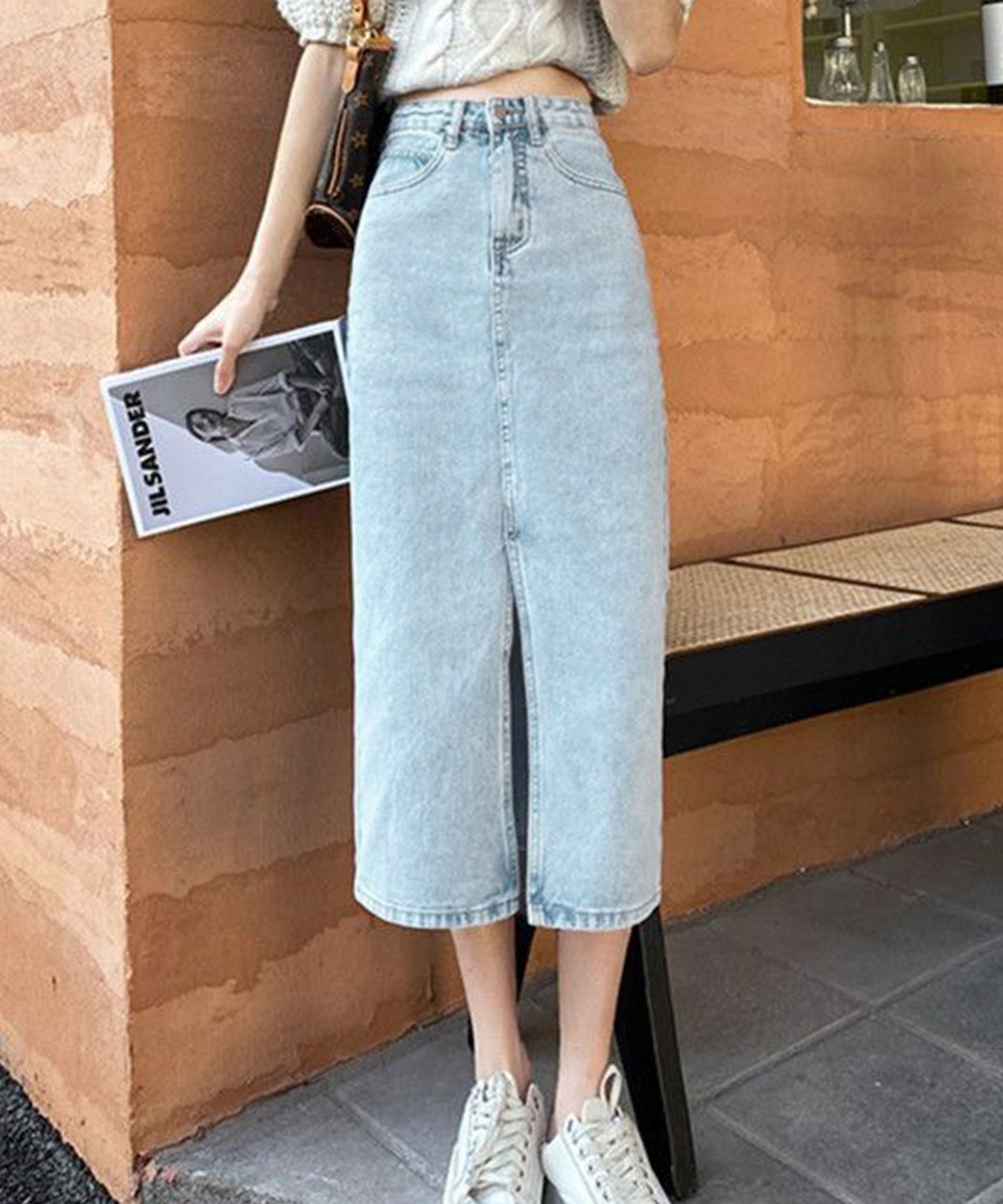 ハイウエスト スリット デニム タイト スカート