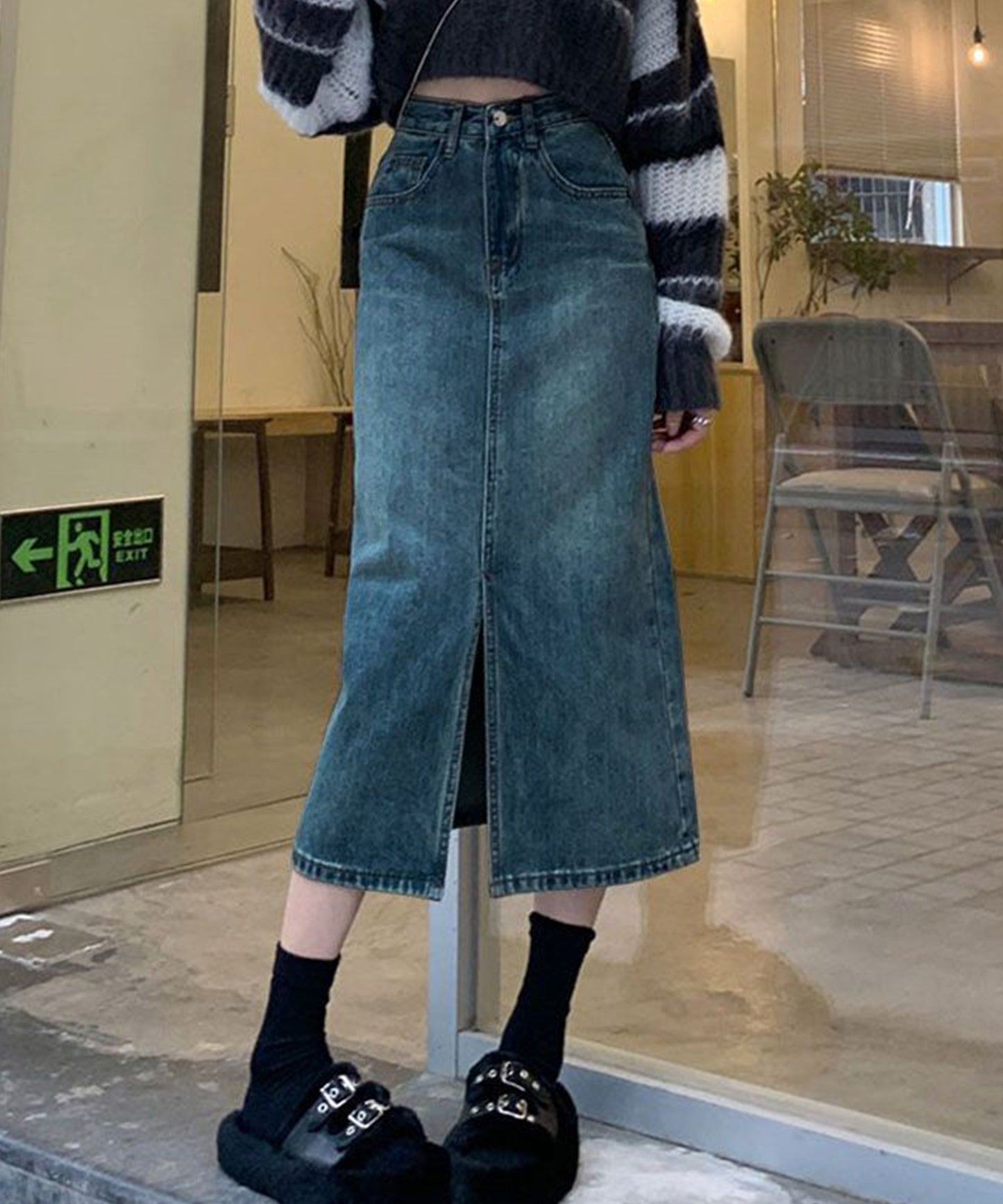 ハイウエスト スリット デニム タイト スカート