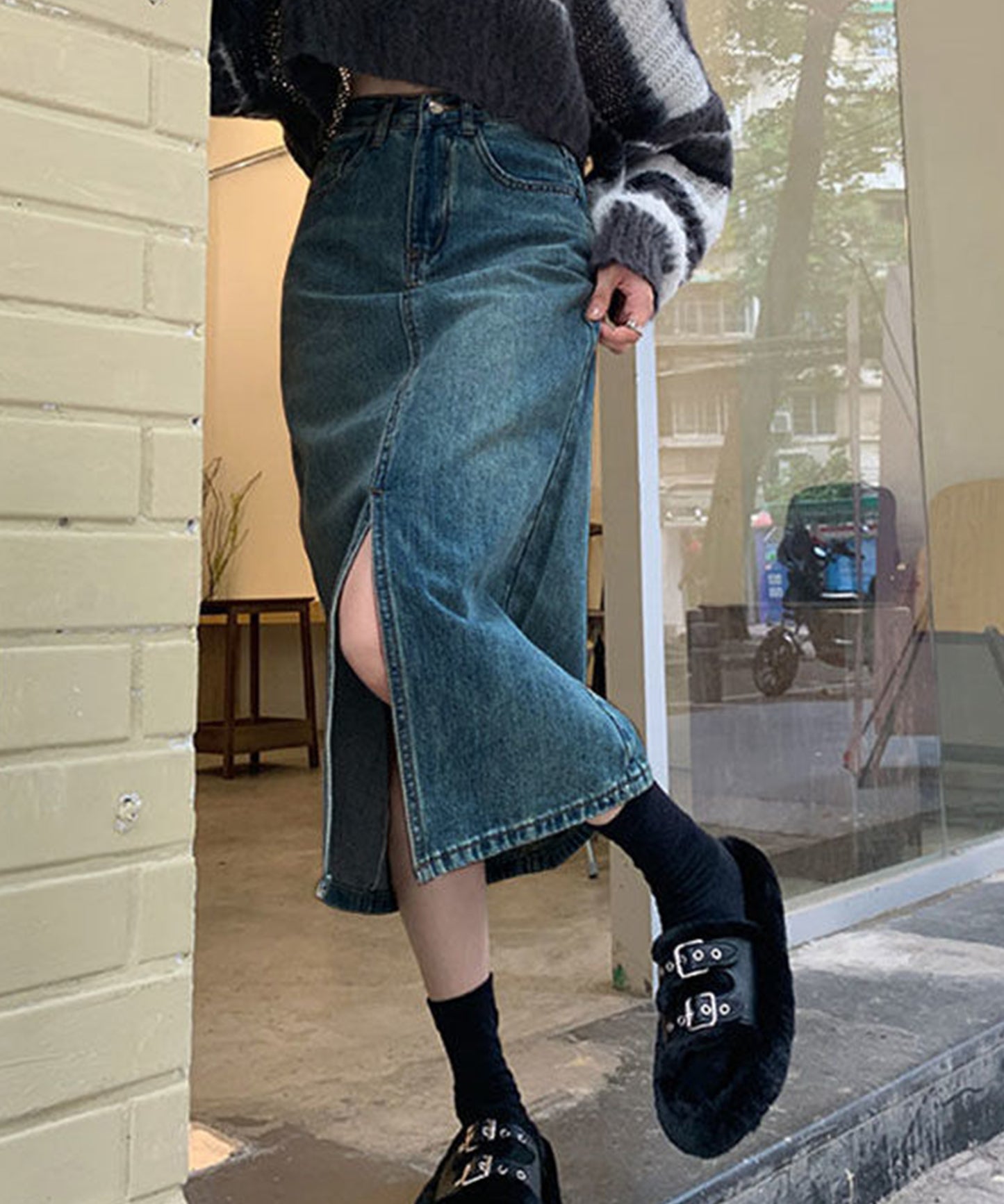 ハイウエスト スリット デニム タイト スカート