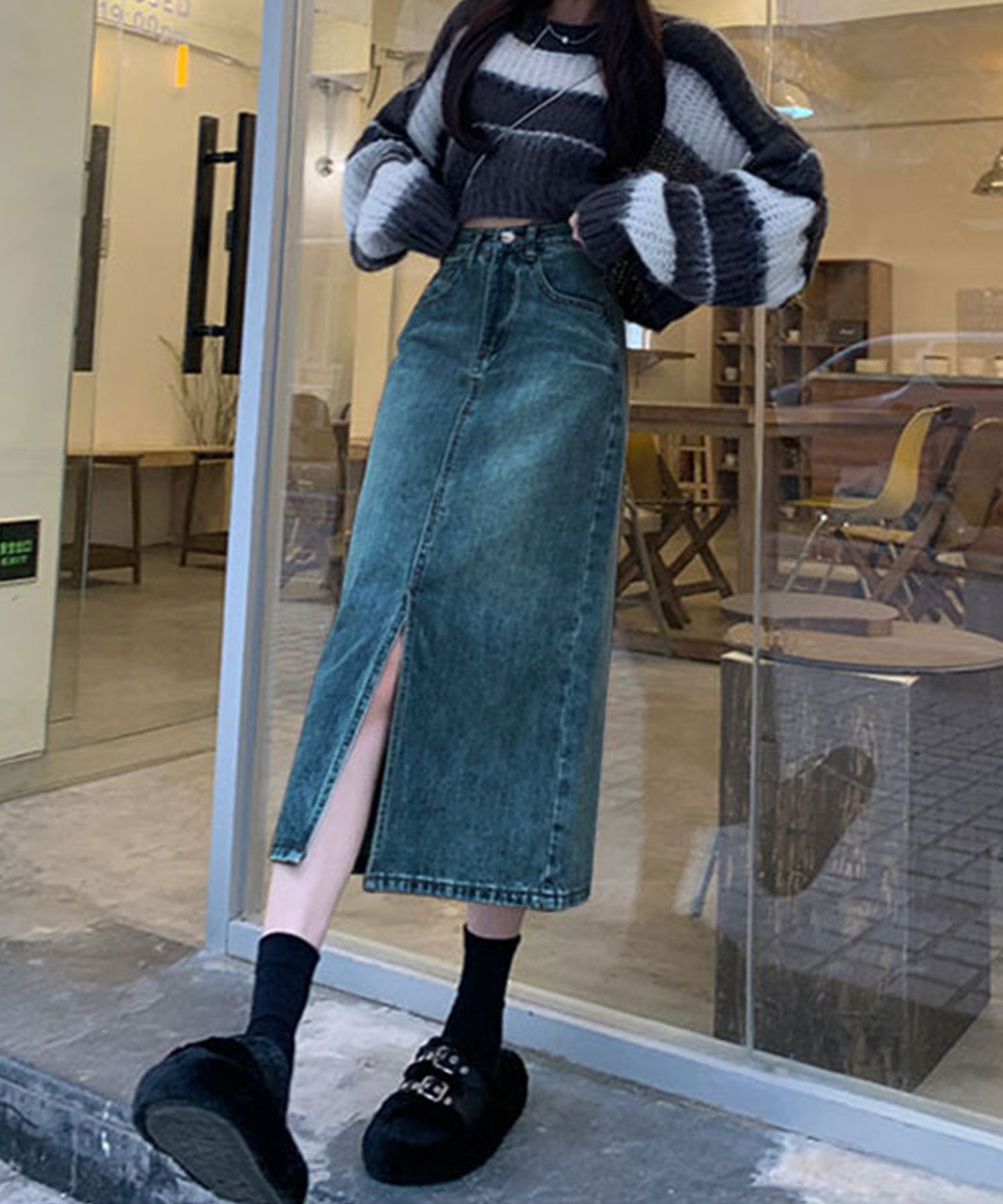 ハイウエスト スリット デニム タイト スカート