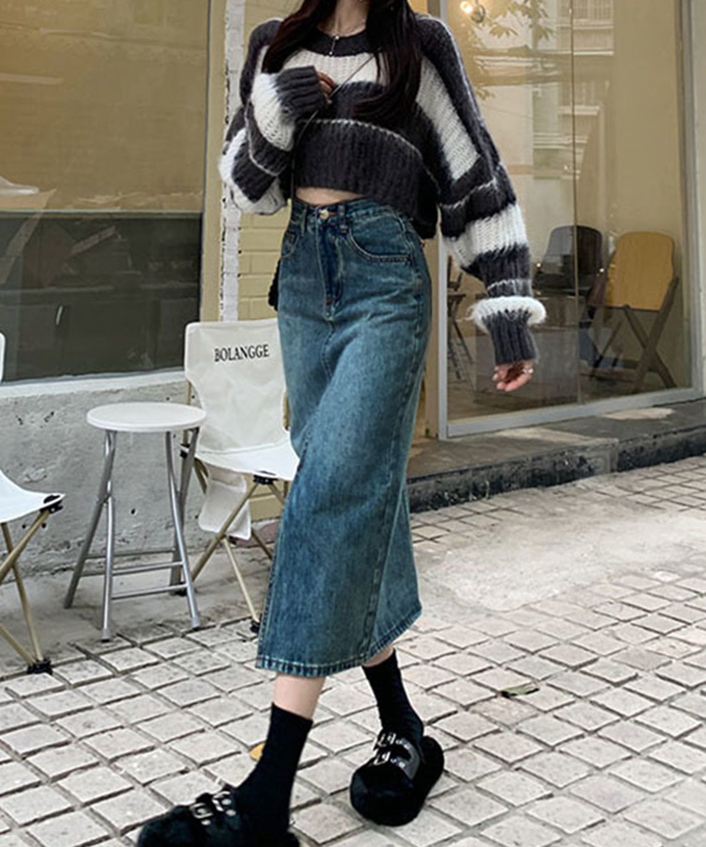 ハイウエスト スリット デニム タイト スカート